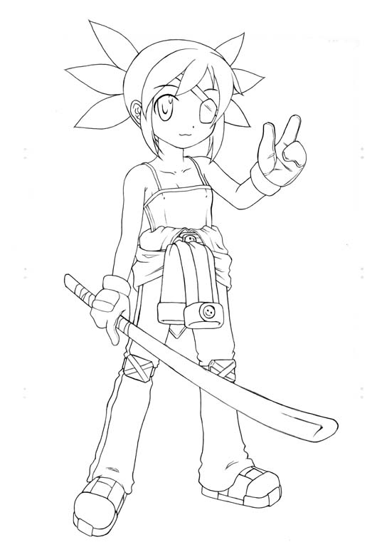 mito, refeia, mito (rumble fish), mito (the rumble fish), rumble fish 2, the rumble fish, the rumble fish 2, 1girl, :3, bare shoulders, bodysuit, bokken, buttons, camisole, child, closed mouth, clothes around waist, collarbone, covered erect nipples, eyepatch, female focus, flat chest, full body, gloves, greyscale, hand up, holding, holding weapon, index finger raised, jumpsuit, knee pads, legs apart, light smile, lineart, monochrome, red hair, shoes, short hair, short twintails, sidelocks, simple background, single vertical stripe, smile, smiley face, sneakers, solo, spiked hair, standing, sword, twintails, weapon, wooden sword
