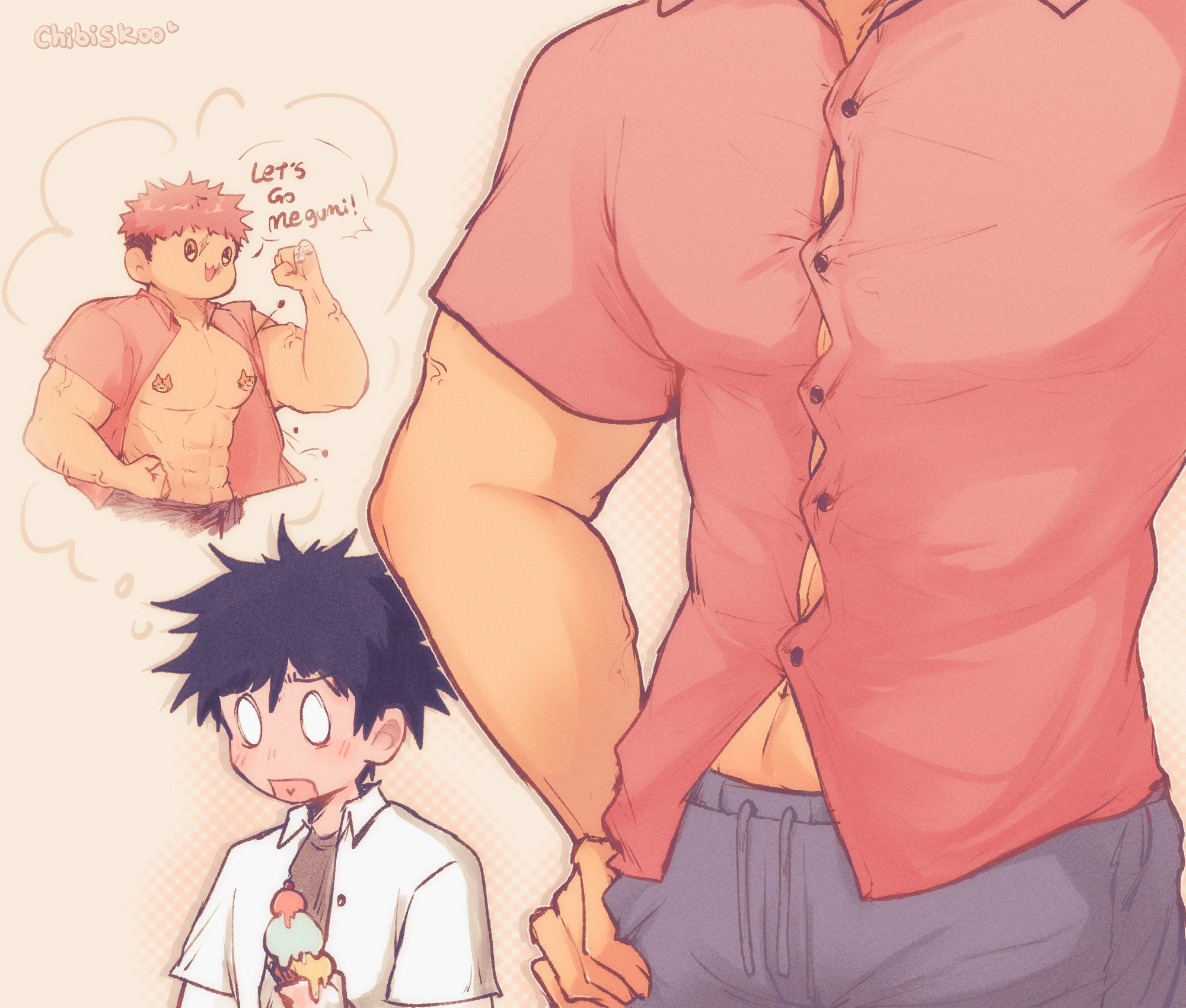 fushiguro megumi, itadori yuuji, jujutsu kaisen, commentary, english commentary, highres, 2boys, abs, alternate costume, alternate muscle size, artist name, black hair, black shirt, blue pants, blush, buttons, chibiskoo, collared shirt, flexing, food, holding, holding food, holding ice cream, ice cream, male focus, multiple boys, muscular, muscular male, open mouth, pants, pectorals, pink hair, pink shirt, scar, scar on face, scar on mouth, shirt, short hair, short sleeves, speech bubble, spiked hair, thought bubble, tight clothes, tight shirt, undercut, upper body, white shirt