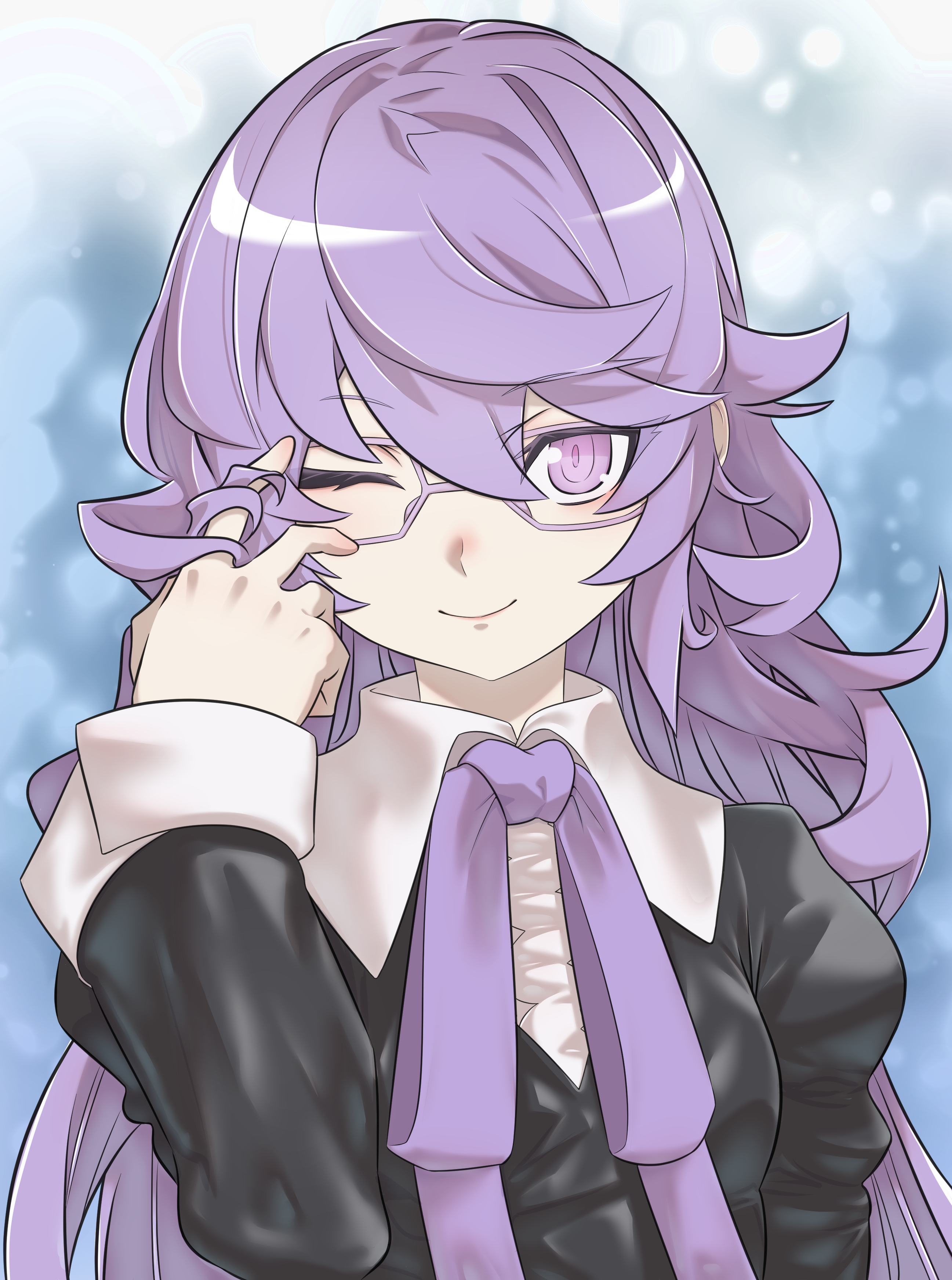 taira (tairamon), mikagura mirei, digimon, digimon story: time stranger, absurdres, commentary request, highres, 1girl, ;), aged down, black dress, blue background, breasts, closed mouth, dress, glasses, hair between eyes, hand up, long hair, long sleeves, looking at viewer, neck ribbon, one eye closed, playing with own hair, puffy long sleeves, puffy sleeves, purple-framed eyewear, purple eyes, purple hair, purple ribbon, ribbon, sidelocks, small breasts, smile, solo, upper body