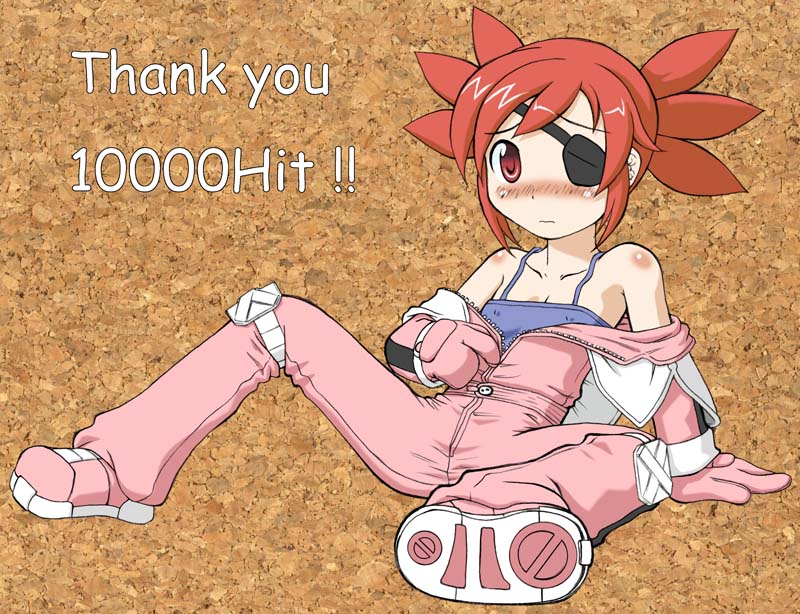mito, mito (rumble fish), mito (the rumble fish), rumble fish 2, the rumble fish, the rumble fish 2, 1girl, arm support, bare shoulders, belt, blush, body blush, bodysuit, camisole, capelet, closed mouth, collarbone, covered erect nipples, embarrassed, english text, eyepatch, female focus, flat chest, foreshortening, full body, gloves, jumpsuit, knee pads, knee up, leaning back, looking at viewer, milestone celebration, nose blush, off shoulder, pink gloves, pink shoes, raised eyebrows, red eyes, red hair, shoes, short hair, short twintails, sidelocks, single vertical stripe, sitting, sneakers, soles, solo, spiked hair, spread legs, thank you, twintails, unzipped, unzipping, wavy mouth