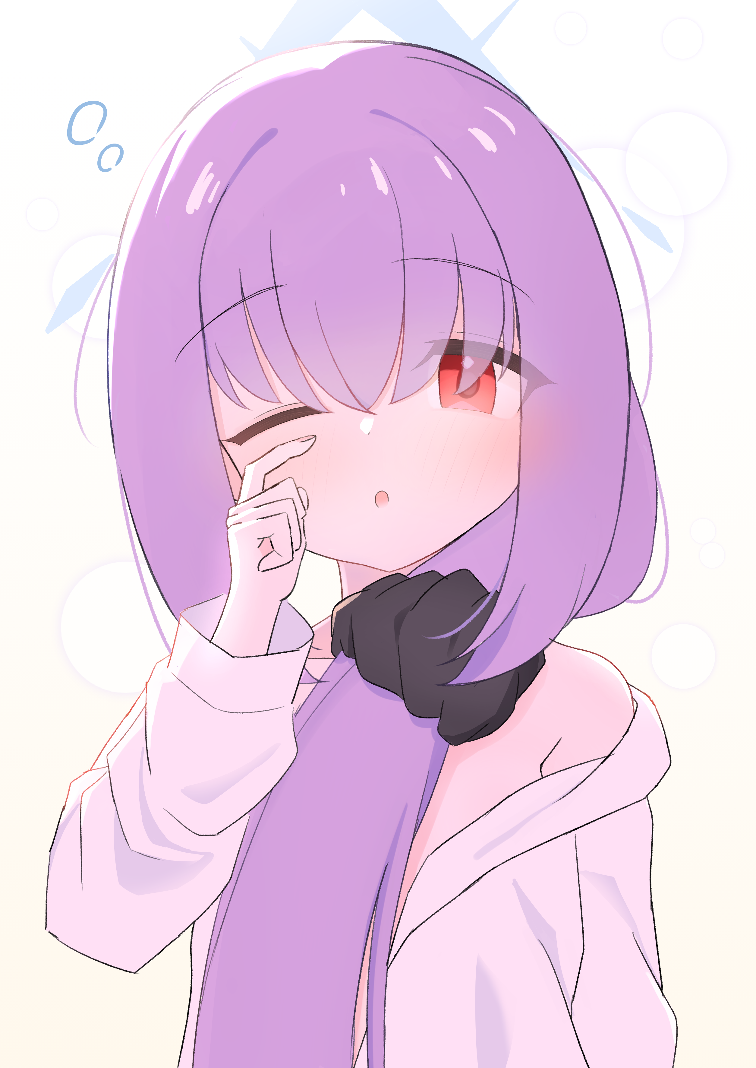 herananu117, atsuko (blue archive), blue archive, absurdres, commentary request, highres, 1girl, blue halo, blush, gradient background, hair between eyes, hair over shoulder, halo, long hair, long sleeves, looking at viewer, low ponytail, off shoulder, one eye closed, open clothes, open mouth, open shirt, ponytail, purple hair, red eyes, rubbing eyes, shirt, sidelocks, solo, upper body, white background, white shirt, yellow background