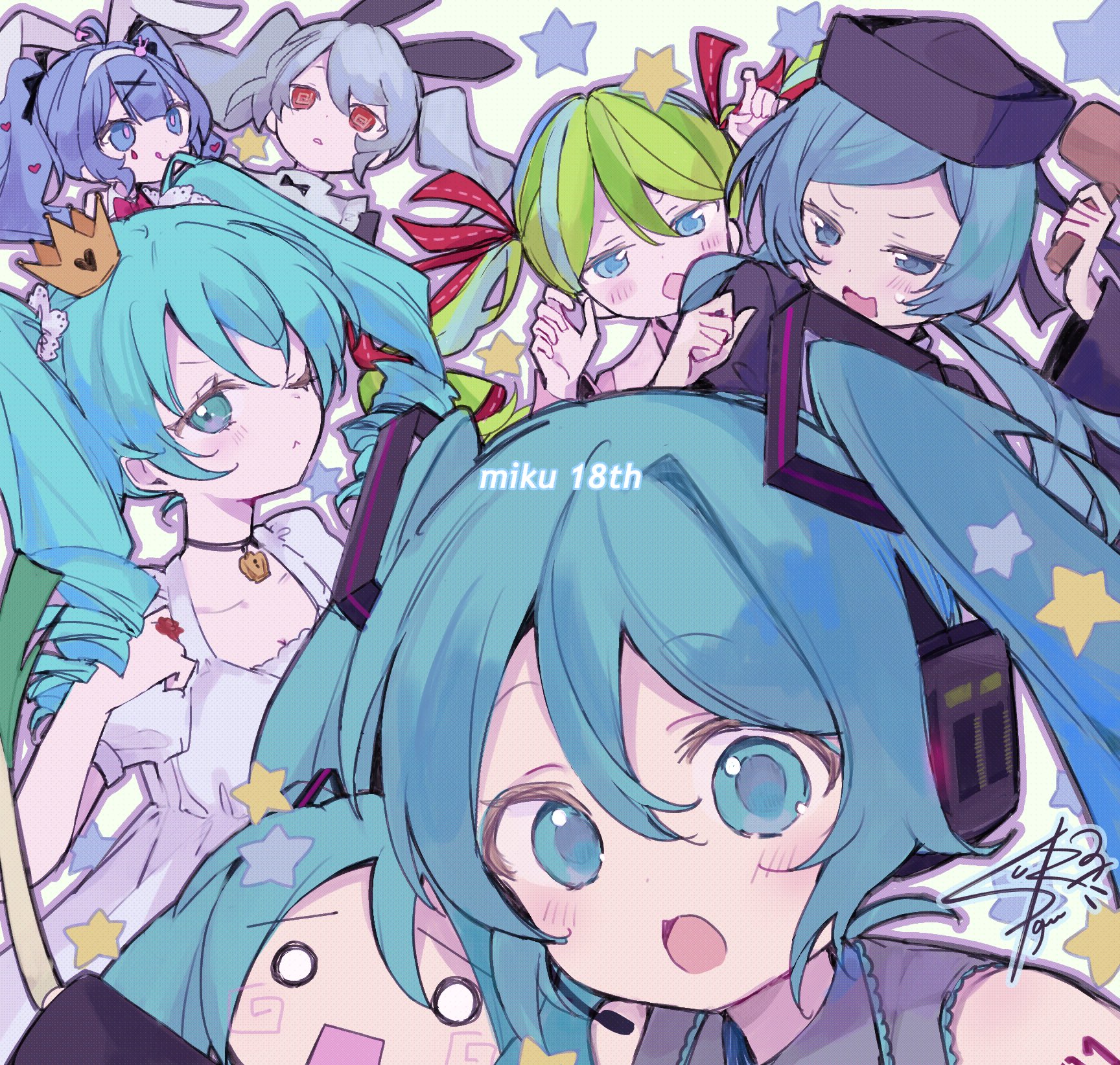 guu (oyasumi gu), hatsune miku, loveit (vocaloid), rabbit hole (vocaloid), ren'ai saiban (vocaloid), vocaloid, world is mine (vocaloid), highres, 6+girls, :o, animal ears, anniversary, aqua eyes, aqua hair, bare shoulders, black sleeves, blue eyes, blue hair, blush, chibi, choker, collared shirt, crown, dress, drill hair, fake animal ears, food, green hair, grey shirt, hair between eyes, hair ornament, hairband, hat, headphones, holding, holding food, holding vegetable, jewelry, long hair, looking at viewer, miku day, mini crown, multiple girls, multiple persona, number tattoo, one eye closed, open mouth, puffy sleeves, rabbit ears, red eyes, red ribbon, ribbon, shirt, short sleeves, signature, sleeveless, sleeveless shirt, smile, spring onion, star (symbol), tattoo, tongue, tongue out, twin drills, twintails, vegetable, white dress, x hair ornament