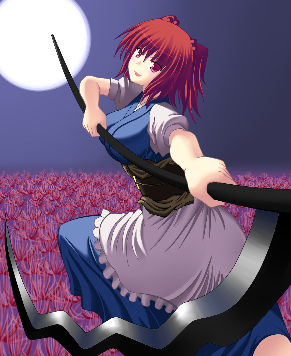 izumi sai, onozuka komachi, touhou, bad id, bad pixiv id, highres, 1girl, breasts, female focus, large breasts, outdoors, red hair, scythe, short hair, sky, solo