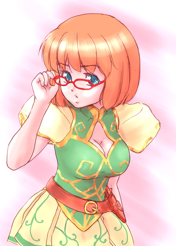 popopon, flyff, 1girl, adjusting eyewear, blue eyes, breasts, cleavage, female focus, glasses, solo