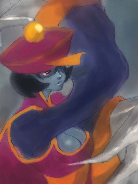 hsien-ko, capcom, darkstalkers, bad id, bad pixiv id, 1girl, black hair, blue skin, breasts, claws, cleavage, cleavage cutout, clothing cutout, colored skin, female focus, flipped hair, hat, large breasts, looking at viewer, short hair, solo, undead, upper body, zombie