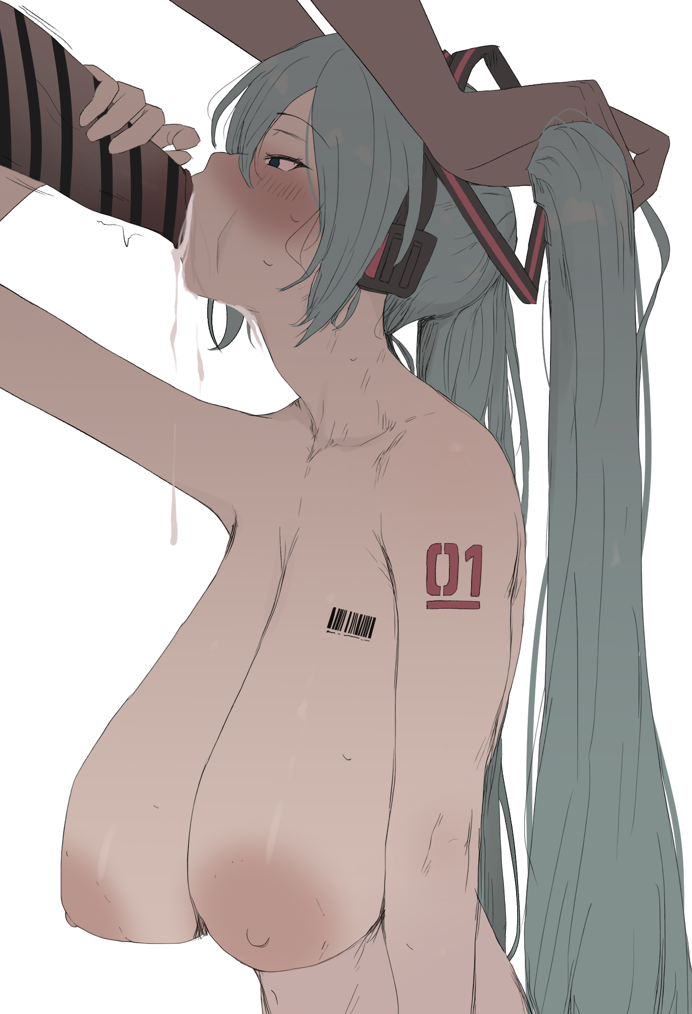 hatsune miku, vocaloid, highres, 1boy, 1girl, aqua eyes, aqua hair, barcode, barcode tattoo, breasts, cum, cum in mouth, cum overflow, fellatio, grabbing another's hair, headset, holding another's hair, large breasts, long hair, momo (pixiv 103770606), nipples, nude, number tattoo, oral, sagging breasts, tattoo, twintails, very long hair, white background