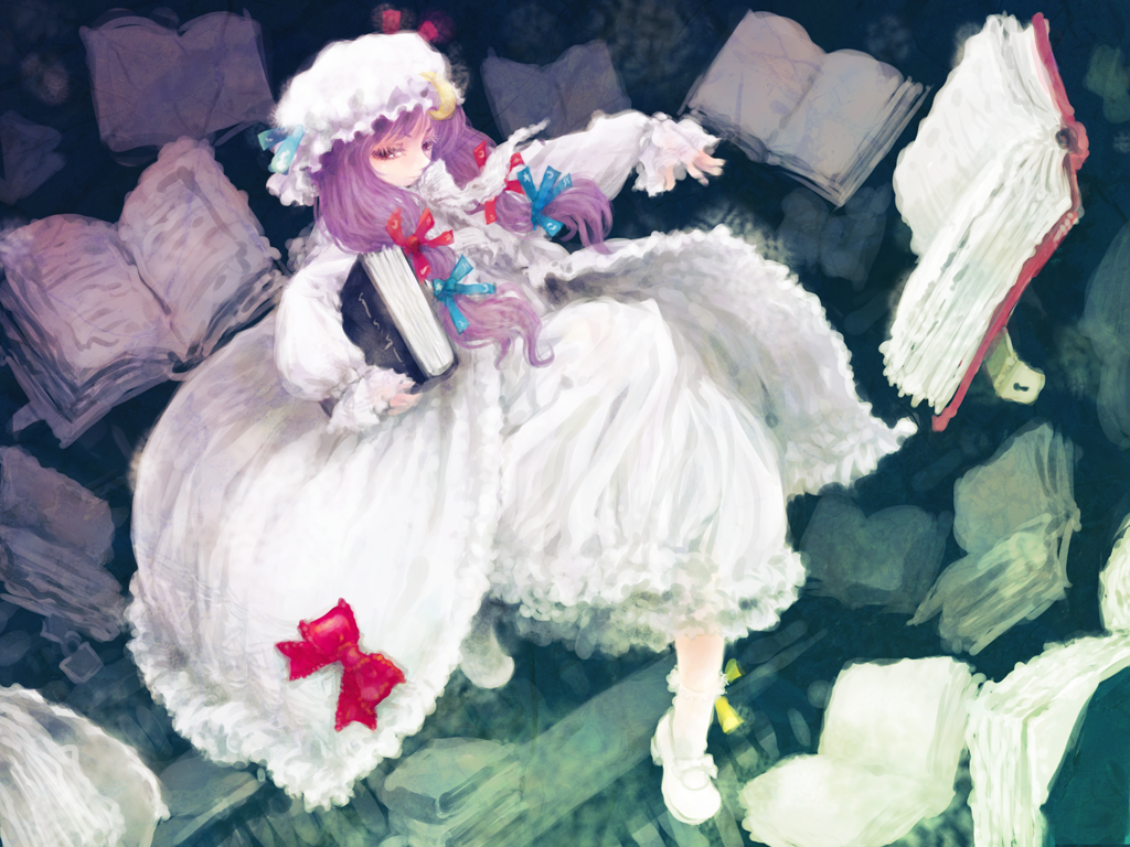 mashiko hiromi, patchouli knowledge, touhou, 1girl, book, female focus, full body, hair ribbon, hat, long hair, purple hair, ribbon, solo