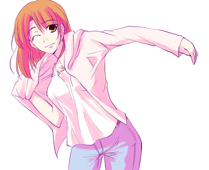 fue (rhomphair), mitsuzuri ayako, fate/stay night, fate (series), 00s, dressing, one eye closed, simple background, solo, wink