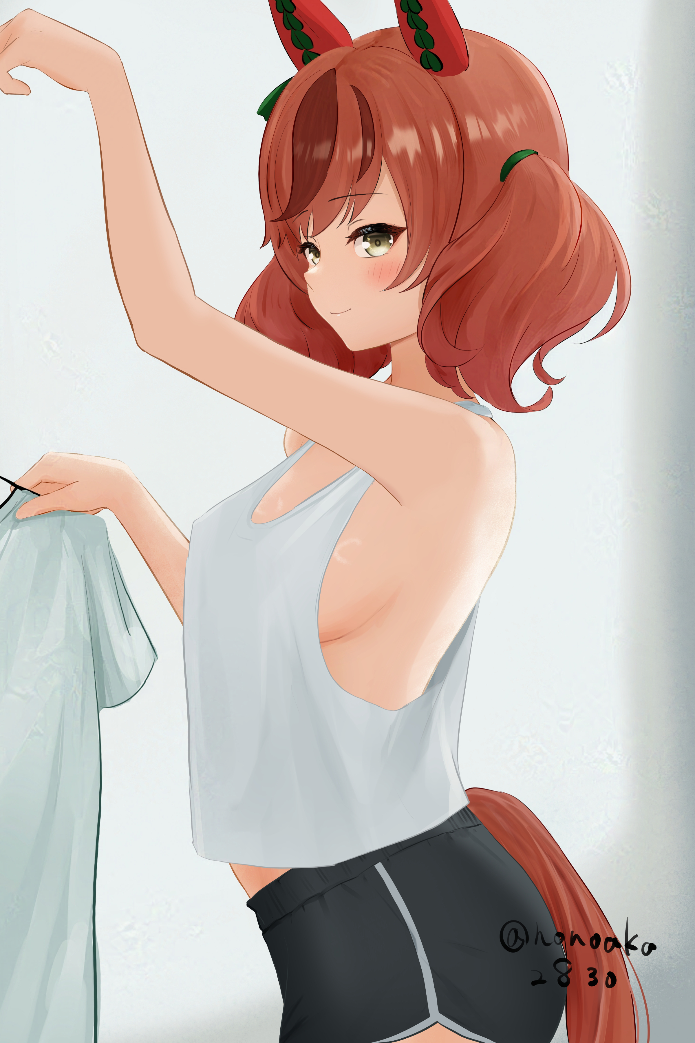 honoaka, nice nature (umamusume), umamusume, absurdres, commentary, highres, 1girl, animal ears, arm up, black shorts, blush, breasts, brown eyes, brown hair, brown streaks, closed mouth, clothes hanger, dolphin shorts, ear covers, from side, holding, holding clothes hanger, horse ears, horse girl, horse tail, long hair, looking at viewer, medium breasts, short shorts, shorts, sideboob, smile, solo, tail, tank top, twintails, white tank top