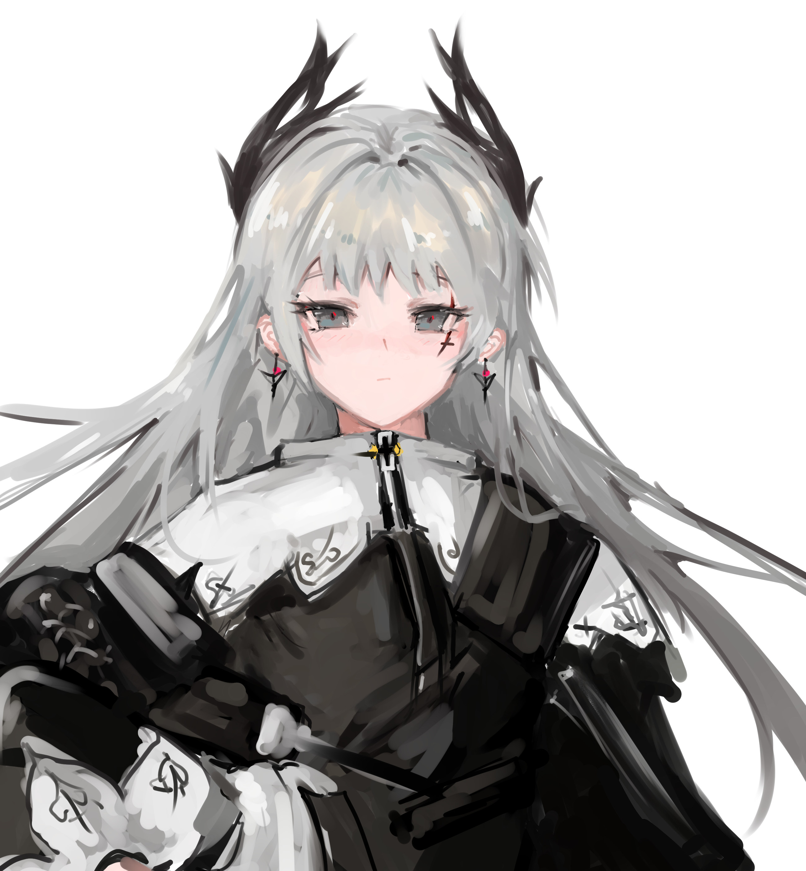 irene (arknights), arknights, absurdres, chinese commentary, commentary request, highres, 1girl, black dress, black eyes, closed mouth, dress, earrings, grey hair, hand on own hip, jewelry, light blush, long hair, long sleeves, looking at viewer, scar, scar across eye, scar on face, simple background, solo, upper body, vzaaaaaaa, white background