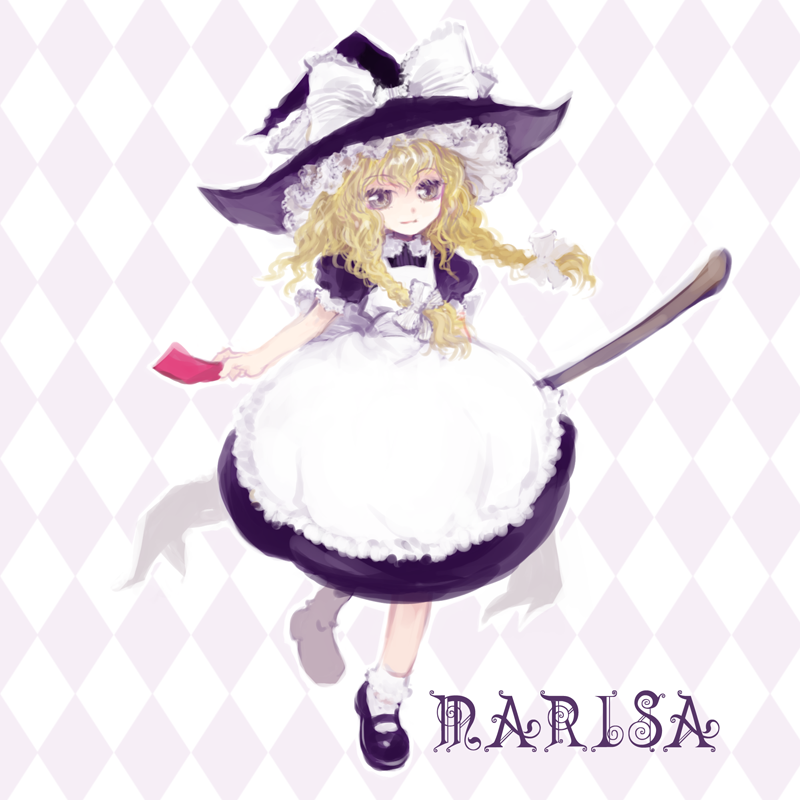 mashiko hiromi, kirisame marisa, touhou, 1girl, apron, blonde hair, braid, broom, broom riding, female focus, full body, hair ribbon, hat, long hair, ribbon, solo, white background