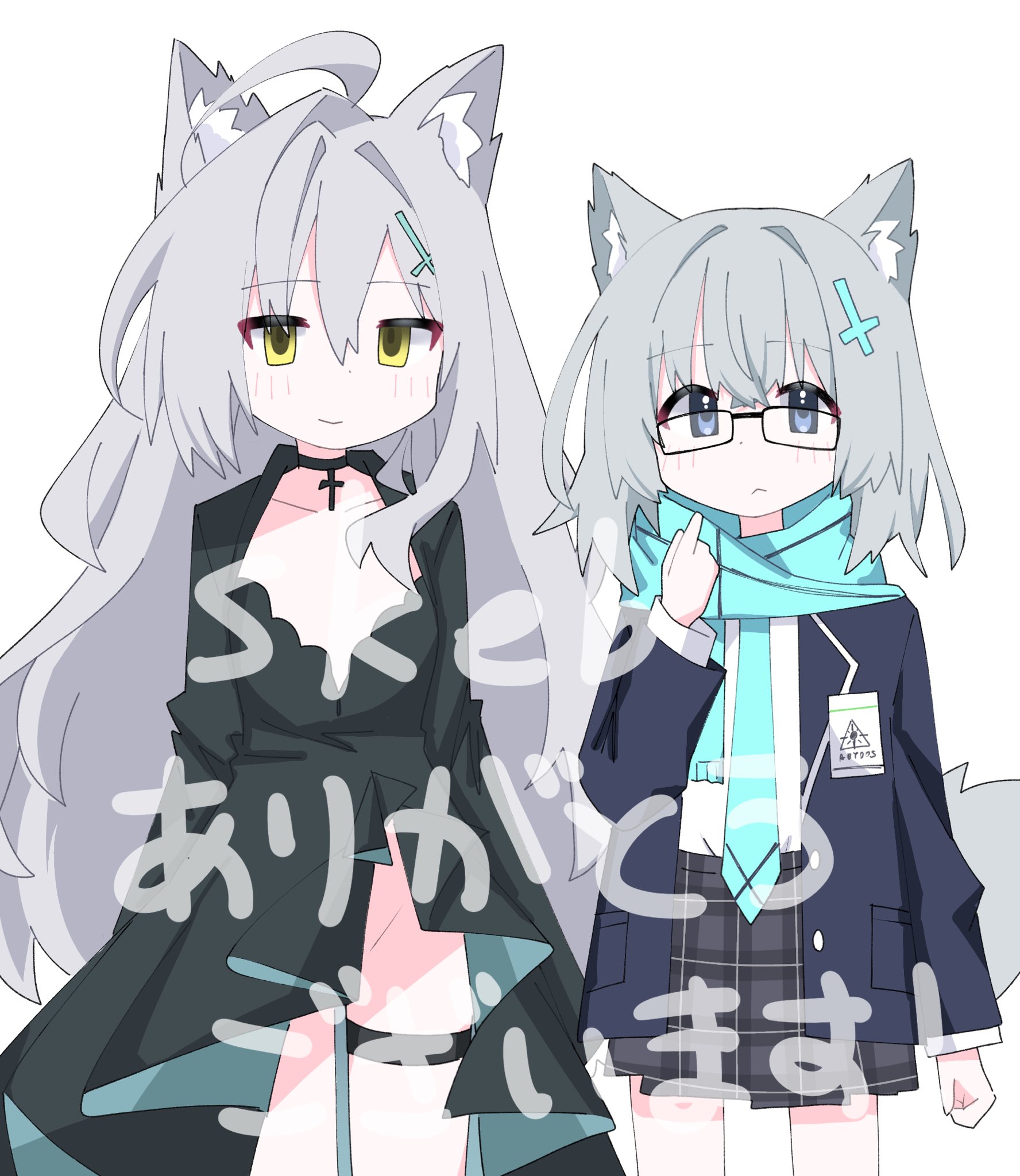 kirine shiro, hachi peashy, shiroko (blue archive), shiroko terror (blue archive), blue archive, indie virtual youtuber, commission, highres, skeb commission, 2girls, ahoge, animal ears, choker, cosplay, dual persona, fox ears, glasses, grey hair, hachi peashy (alter), hair intakes, long hair, multiple girls, pleated skirt, scarf, shiroko (blue archive) (cosplay), shiroko terror (blue archive) (cosplay), skirt, virtual youtuber