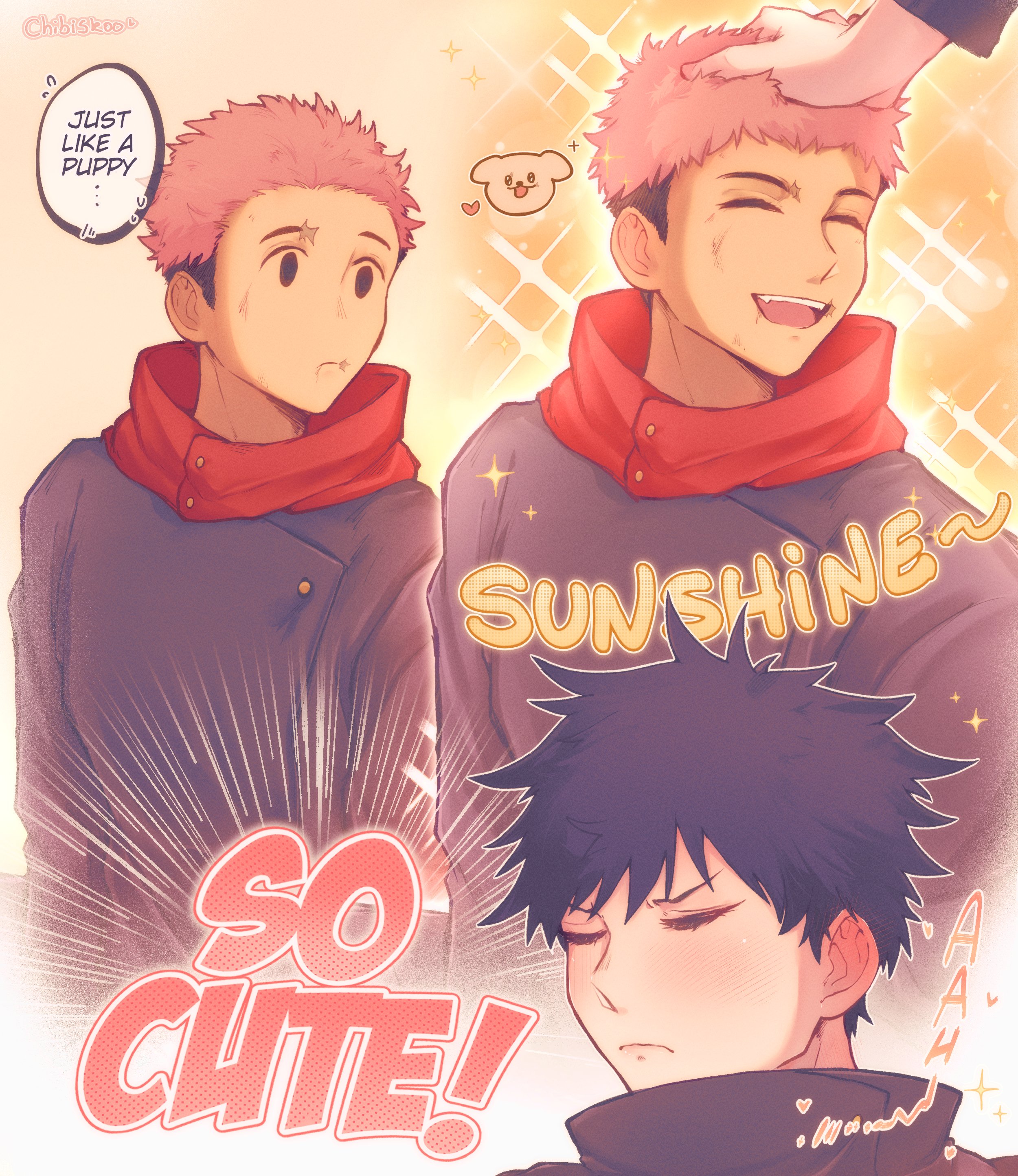 fushiguro megumi, itadori yuuji, jujutsu kaisen, absurdres, commentary, english commentary, highres, 2boys, artist name, black eyes, black hair, chibiskoo, closed eyes, closed mouth, heart, jujutsu tech uniform, long sleeves, male focus, multiple boys, pink hair, scar, scar on face, scar on mouth, short hair, smile, spiked hair, teeth, tongue, undercut, upper body, upper teeth only, yaoi
