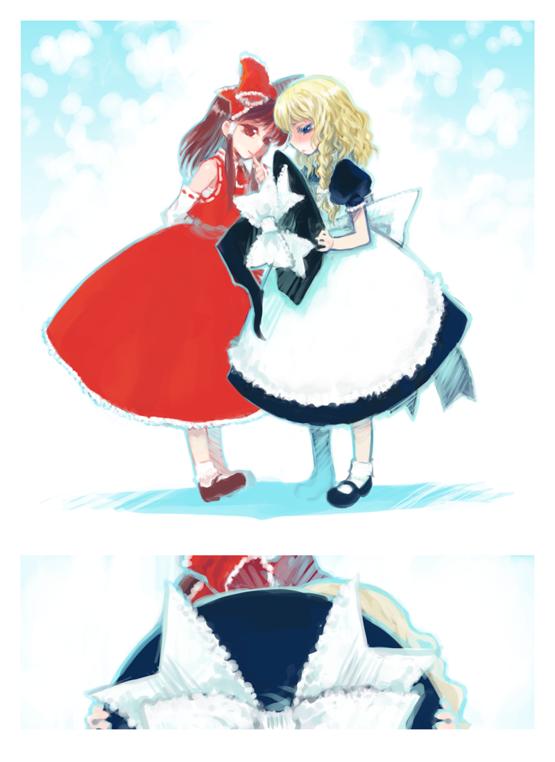 mashiko hiromi, hakurei reimu, kirisame marisa, touhou, 2girls, apron, blonde hair, blue eyes, blush, braid, female focus, hair ribbon, hat, japanese clothes, kiss, long hair, miko, multiple girls, ribbon, yuri