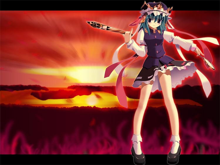 kii (mahoraba), shiki eiki, touhou, 1girl, aqua hair, blue eyes, blush, bow, cloud, female focus, hat, letterboxed, mirror, ribbon, rod of remorse, shoes, short hair, skirt, sky, socks, solo, sunset