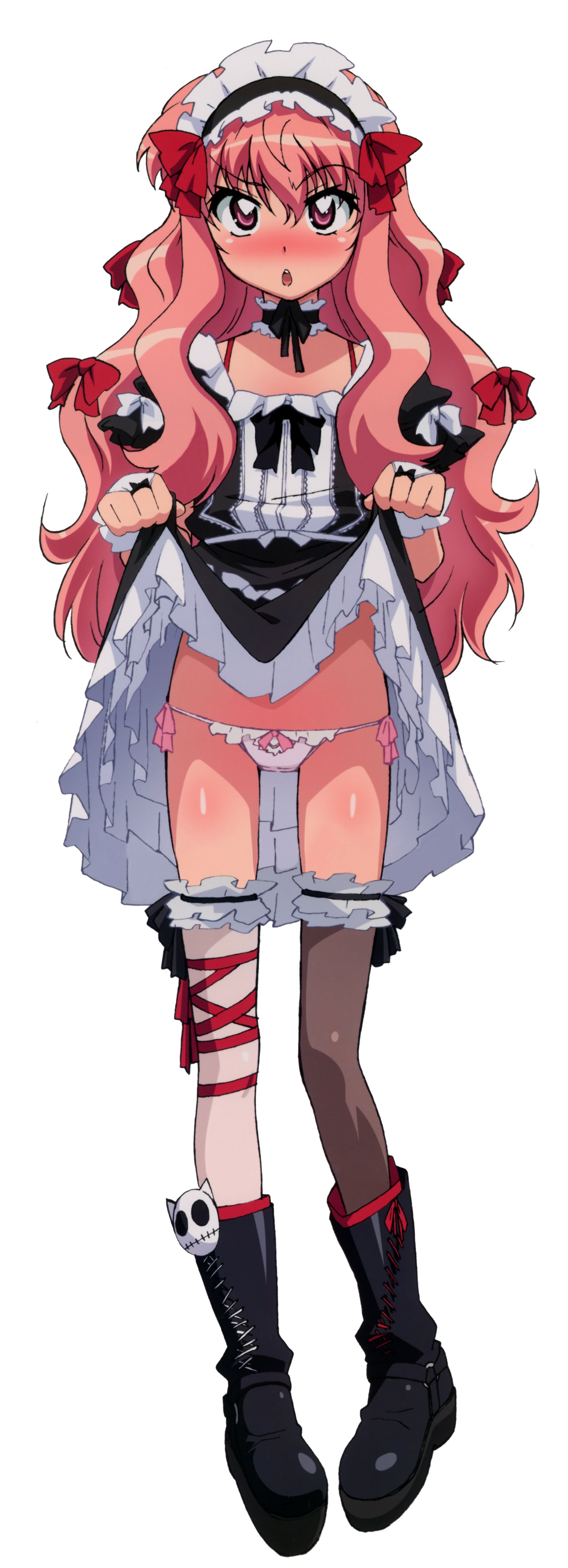 louise francoise le blanc de la valliere, zero no tsukaima, absurdres, artist request, highres, long image, non-web source, official art, tall image, 00s, 1girl, blush, boots, clothes lift, dakimakura (medium), female focus, flat chest, frills, full body, long hair, lowleg, lowleg panties, maid, panties, pink eyes, pink hair, side-tie panties, skirt, skirt lift, solo, thighhighs, underwear