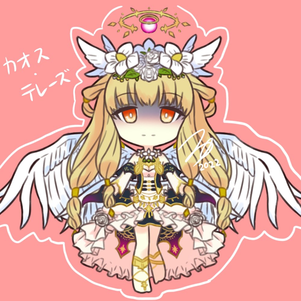 chaos therese (grimms notes), grimms notes, bad id, bad twitter id, 1girl, 2022, angel, blonde hair, character name, chibi, chibi only, closed mouth, long hair, looking at viewer, red eyes, shaded face, signature, smile, solo, tuyu umbrella