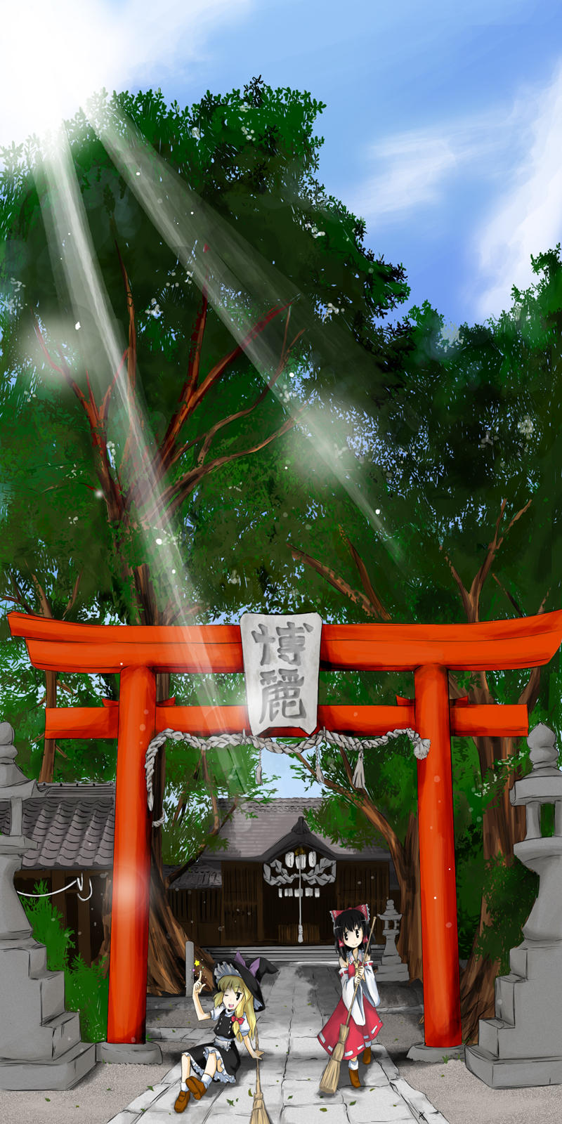 hakurei reimu, kirisame marisa, touhou, highres, long image, tall image, 2girls, broom, female focus, hat, multiple girls, nature, outdoors, plant, shrine, sky, sunlight, torii, tree