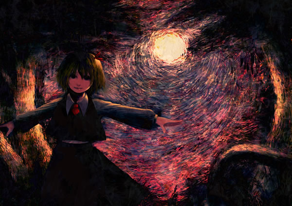 hayapi, rumia, embodiment of scarlet devil, touhou, 1girl, blonde hair, female focus, hair ribbon, necktie, outstretched arms, red eyes, ribbon, short hair, solo, spread arms