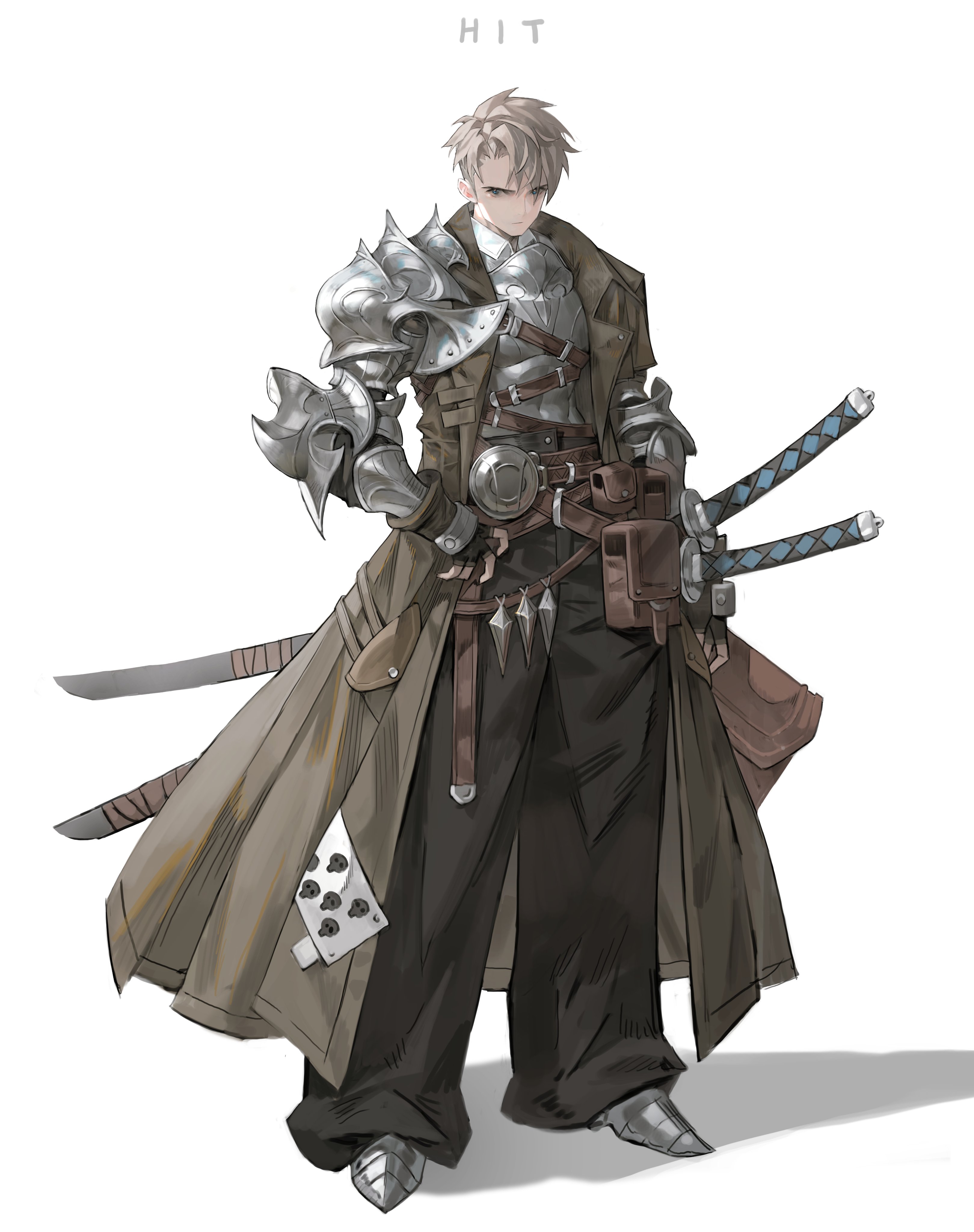 arowana2111, original, absurdres, commentary, english commentary, highres, 1boy, armor, belt, belt pouch, black pants, blue eyes, breastplate, coat, collared shirt, english text, fingerless gloves, gauntlets, glaring, gloves, grey hair, hair over one eye, hand on own hip, katana, loose pants, pants, pouch, scowl, shadow, sheath, sheathed, shirt, short hair, shoulder armor, skull print, solo, spiked hair, strap, sword, trench coat, waist bag, weapon, white background, white hair