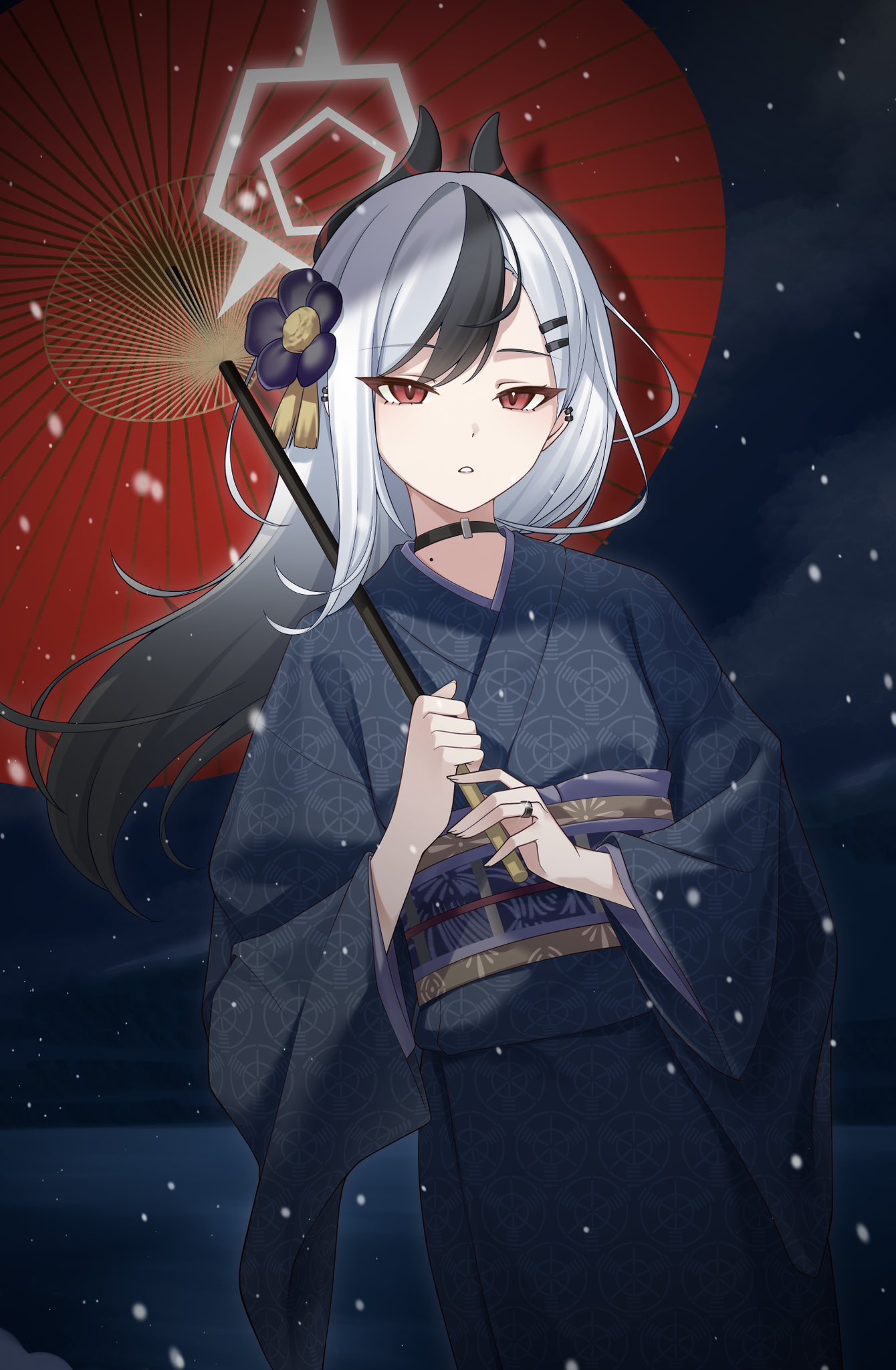 revebw, kayoko (blue archive), kayoko (new year) (blue archive), blue archive, highres, 1girl, black choker, black hair, blue kimono, choker, collarbone, demon girl, demon horns, ear piercing, flower, hair between eyes, hair flower, hair ornament, hairclip, halo, holding, holding umbrella, horns, japanese clothes, kimono, long hair, looking at viewer, mole, mole on collarbone, multicolored hair, obi, official alternate costume, oil-paper umbrella, piercing, purple flower, purple sash, red eyes, red umbrella, sash, sash bow, sitting, solo, umbrella, wariza, white hair