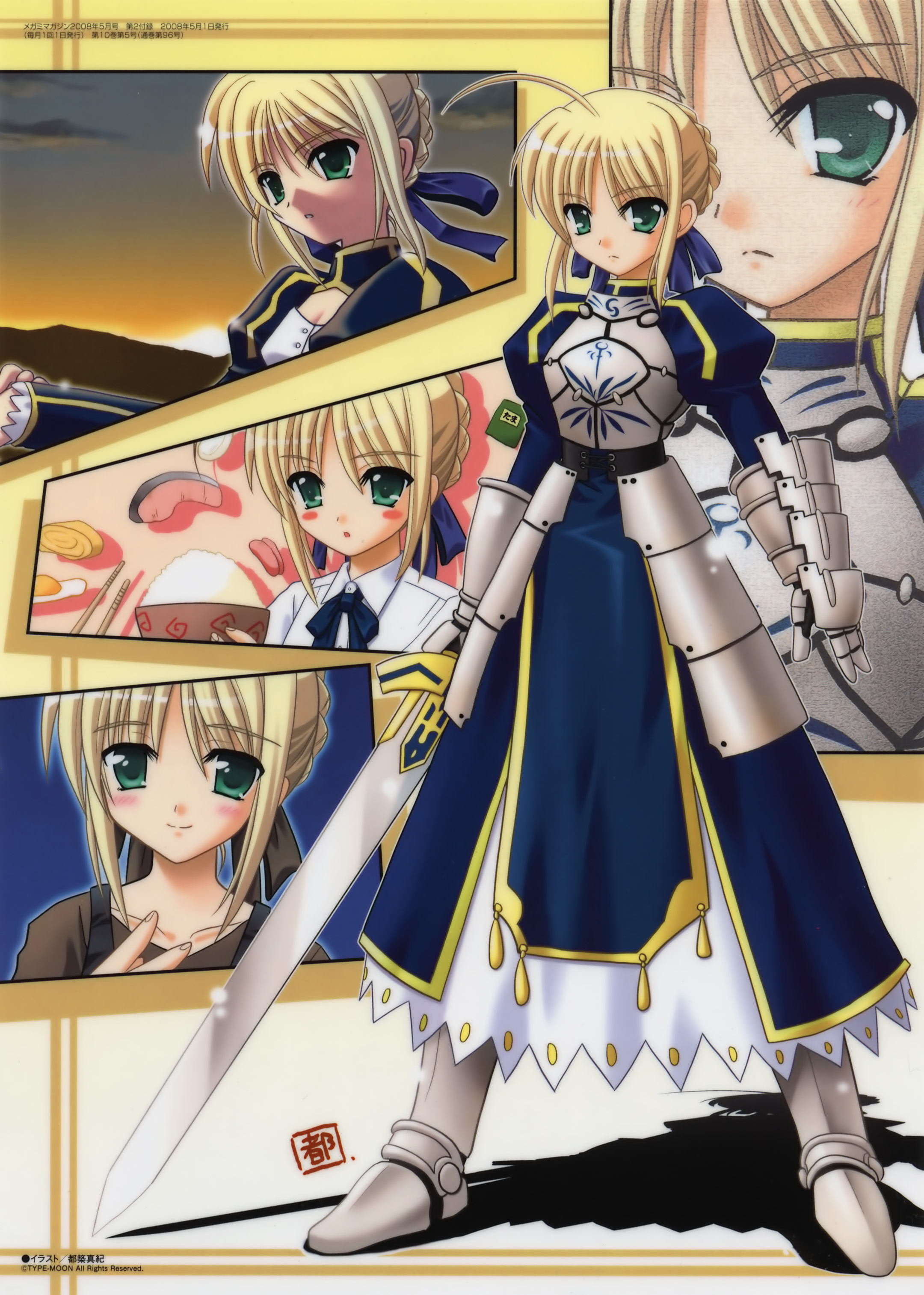 tsuzuki maki, artoria pendragon (fate), saber (fate), fate/stay night, fate (series), megami magazine, absurdres, highres, non-web source, 00s, 1girl, :o, ahoge, armor, armored dress, blonde hair, blue dress, blush, blush stickers, bowl, breastplate, breasts, chopsticks, cleavage, cleavage cutout, clothing cutout, cloud, dress, egg (food), faulds, food, frown, gauntlets, glint, greaves, green eyes, hair bun, hair ribbon, holding, jewelry, lace, lace-trimmed dress, lace trim, long sleeves, mountain, multiple persona, open mouth, parted bangs, parted lips, pendant, puffy long sleeves, puffy sleeves, ribbon, rice, shadow, short hair, sidelocks, signature, single hair bun, sky, small breasts, smile, standing, sun, sunny side up egg, sunset, sword, turtleneck, weapon