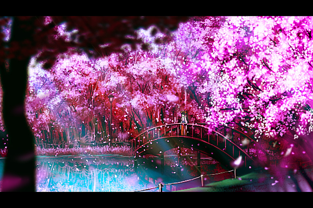 isobe toast, bad id, bad pixiv id, 1girl, bridge, cherry blossoms, female focus, japanese clothes, letterboxed, reflection, scenery, solo, water