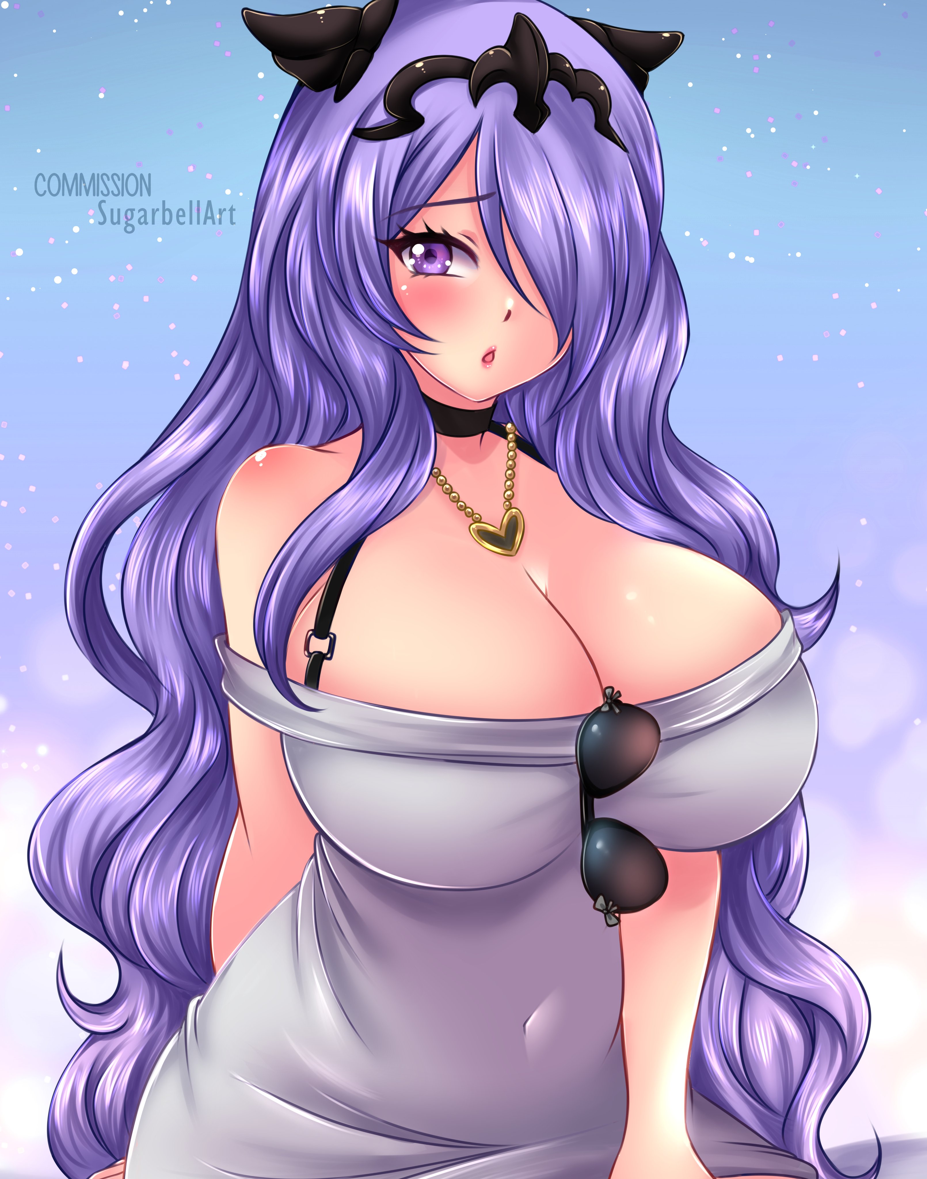 sugarbell, camilla (fire emblem), fire emblem, fire emblem fates, nintendo, absurdres, commission, highres, 1girl, alternate costume, breasts, cleavage, dress, hair over one eye, large breasts, purple eyes, purple hair, sunglasses, wavy hair