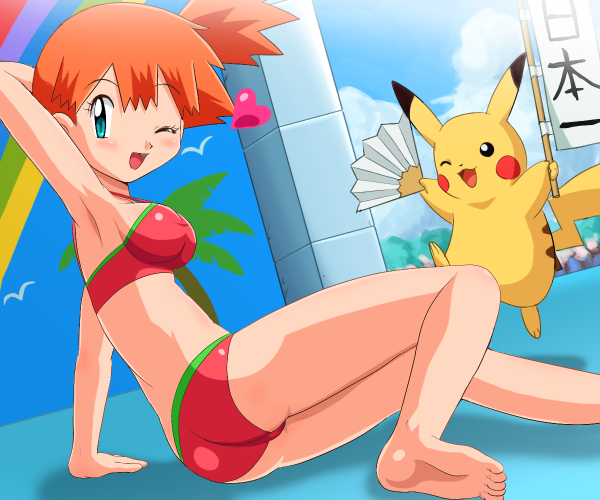 pokemoa, misty (pokemon), pikachu, nintendo, pokemon, pokemon (anime), pokemon (classic anime), 1girl, alternate costume, arm support, armpits, ass, barefoot, bikini, blue eyes, breasts, day, feet, folding fan, gen 1 pokemon, hand fan, heart, medium breasts, one-piece swimsuit, one eye closed, orange hair, outdoors, paper fan, pokemon (creature), red hair, red one-piece swimsuit, side ponytail, smile, soles, swimsuit, toes, tree, wink