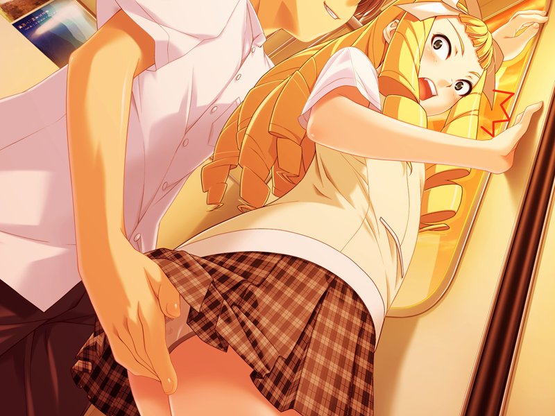 ino (magloid), kizaki kensuke, yuuki emiri, kimihagu, ass grab, game cg, non-web source, 00s, 1boy, 1girl, ^^^, against wall, ass, assisted exposure, blonde hair, blush, bow, chikan, clothes lift, drill hair, dutch angle, embarrassed, faceless, faceless male, forced, from below, grin, hair bow, hetero, long hair, looking back, molestation, open mouth, panties, plaid clothes, plaid skirt, public indecency, school uniform, serafuku, skirt, skirt lift, smile, standing, sunset, surprised, train, train interior, underwear, undressing, upskirt, window