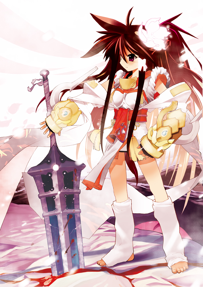 himukai kyousuke, hinata kyousuke, original, 1girl, armor, barefoot, blood, brown eyes, brown hair, fantasy, female focus, flower, gauntlets, japanese clothes, long hair, planted, planted sword, planted weapon, sidelocks, solo, sword, toeless legwear, toes, weapon