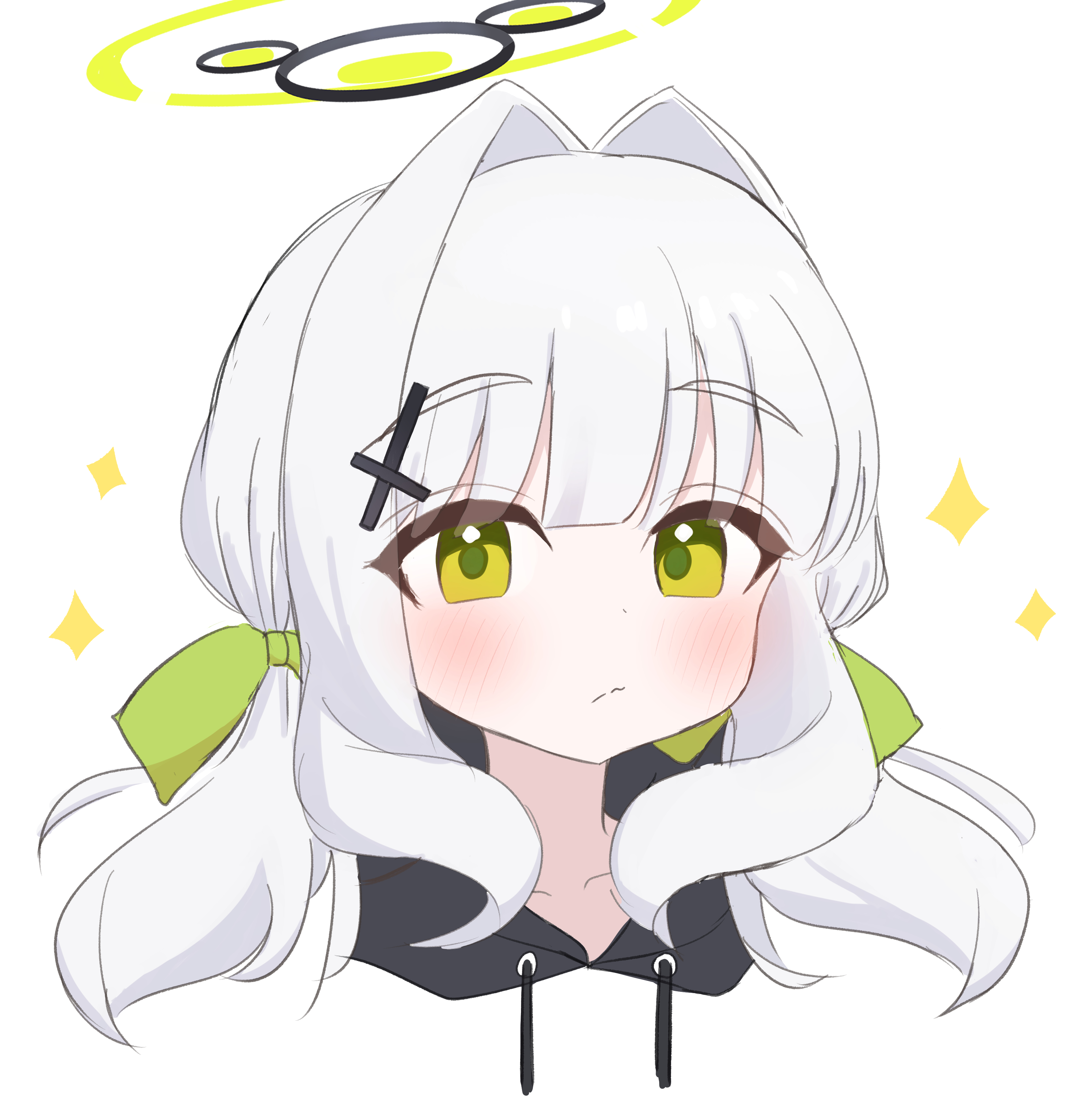 herananu117, hare (blue archive), blue archive, absurdres, commentary request, highres, 1girl, alternate hairstyle, black halo, black hoodie, blush, bow, collarbone, cropped torso, drawstring, green bow, green eyes, green halo, hair bow, hair intakes, halo, hood, hood down, hoodie, long hair, looking at viewer, low twintails, portrait, pout, sidelocks, simple background, solo, sparkle, twintails, white background, white hair