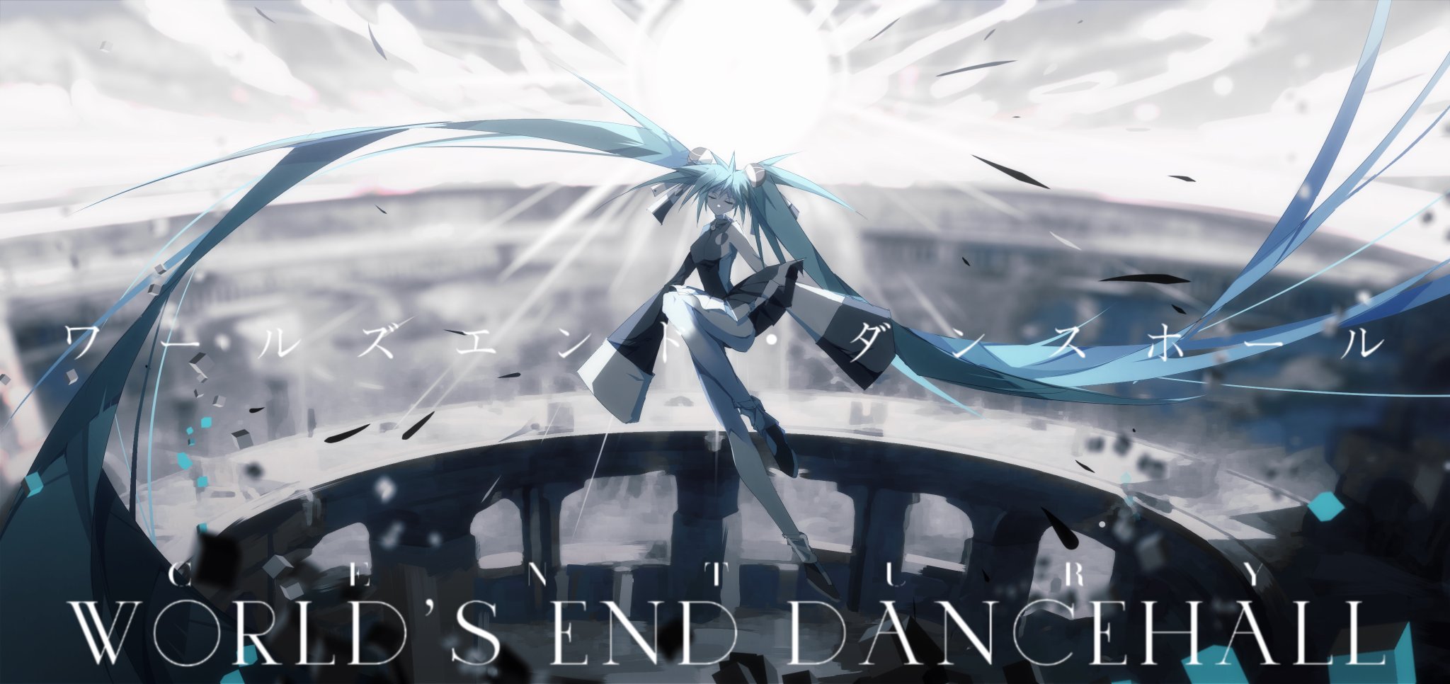 hatsune miku, wowaka, vocaloid, world's end dancehall (vocaloid), highres, 1girl, absurdly long hair, black skirt, blue hair, blurry, boots, centurytruren, detached sleeves, floating hair, from side, grey shirt, hair ornament, long hair, necktie, outdoors, pleated skirt, railing, shirt, skirt, sleeveless, sleeveless shirt, solo, thigh boots, thighhighs, twintails, very long hair, wide shot