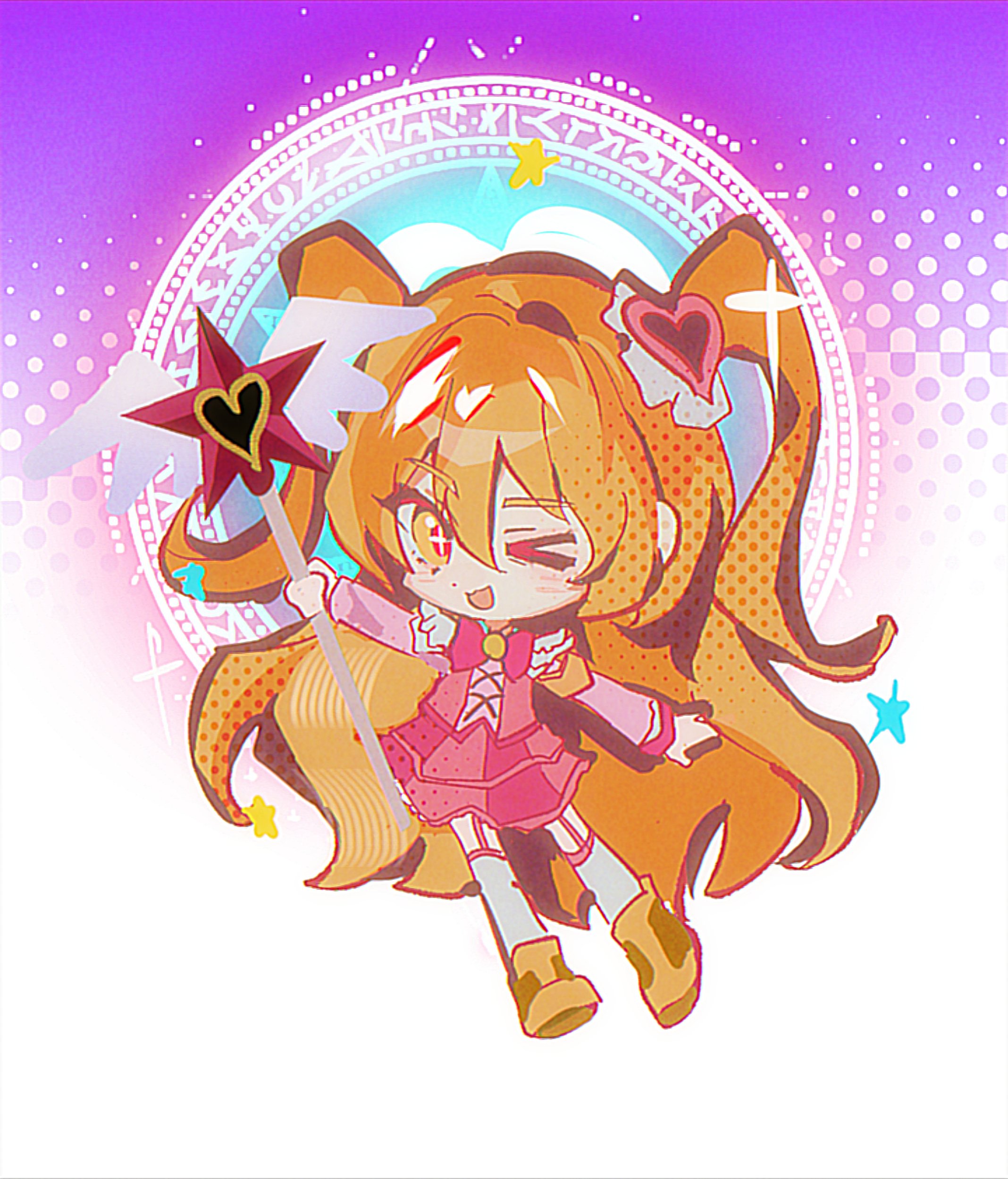 sixgod, don quixote (project moon), limbus company, project moon, absurdres, highres, > o, + +, 1girl, :d, armband, blonde hair, bow, bowtie, brown shoes, chibi, e.g.o (project moon), full body, hair ornament, heart, heart hair ornament, holding, holding staff, in the name of love and hate (e.g.o), long hair, long sleeves, looking at viewer, one eye closed, open mouth, orange armband, pink bow, pink bowtie, pink garter straps, pink skirt, pink vest, purple background, shoes, simple background, skirt, smile, solo, staff, standing, thighhighs, two side up, vest, white thighhighs, winged wand, yellow eyes