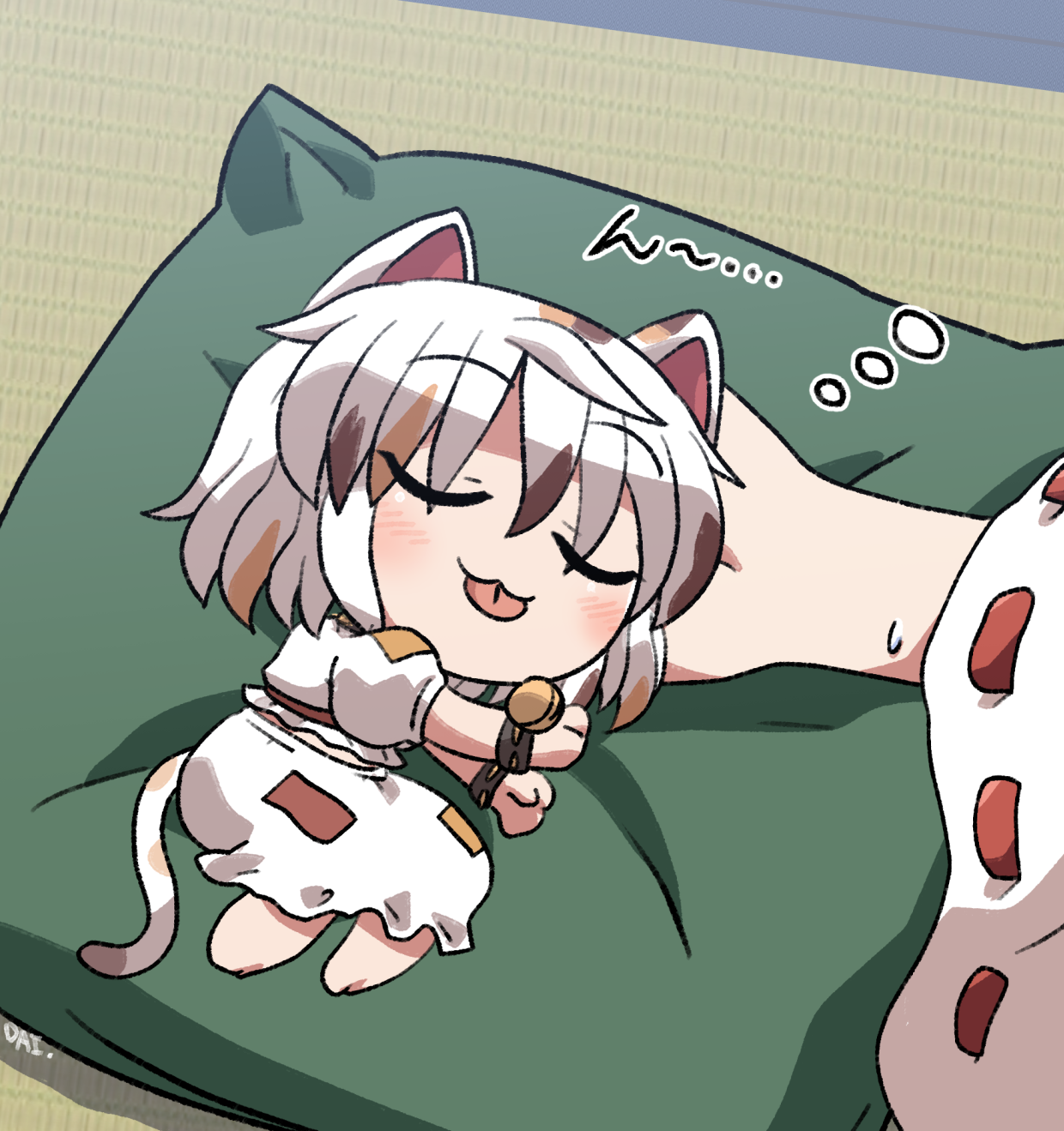 rokugou daisuke, goutokuji mike, hakurei reimu, touhou, commentary request, highres, 2girls, :3, animal ears, barefoot, bell, blush, calico (pattern), cat ears, cat girl, cat tail, chibi, closed eyes, closed mouth, hand on another's head, jingle bell, long sleeves, lying, multicolored hair, multiple girls, on pillow, on side, patch, ribbon-trimmed sleeves, ribbon trim, shirt, short hair, short sleeves, signature, skirt, skirt set, sleeping, solo focus, squeans, streaked hair, sweatdrop, tail, tongue, tongue out, white hair, white shirt, white skirt, wide sleeves