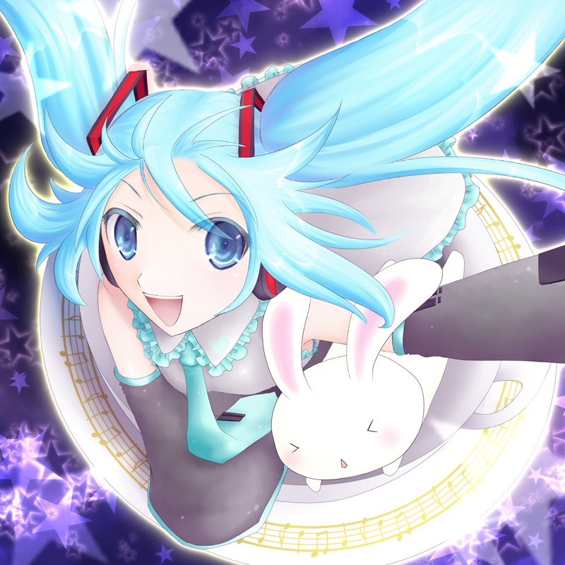 minyo, hatsune miku, vocaloid, > <, 1girl, :d, animal, aqua hair, beamed quavers, closed eyes, collared shirt, detached sleeves, female focus, floating hair, frills, grey shirt, hair ornament, headphones, long hair, musical note, necktie, open mouth, quaver, rabbit, sheet music, shirt, smile, solo, star (symbol), twintails