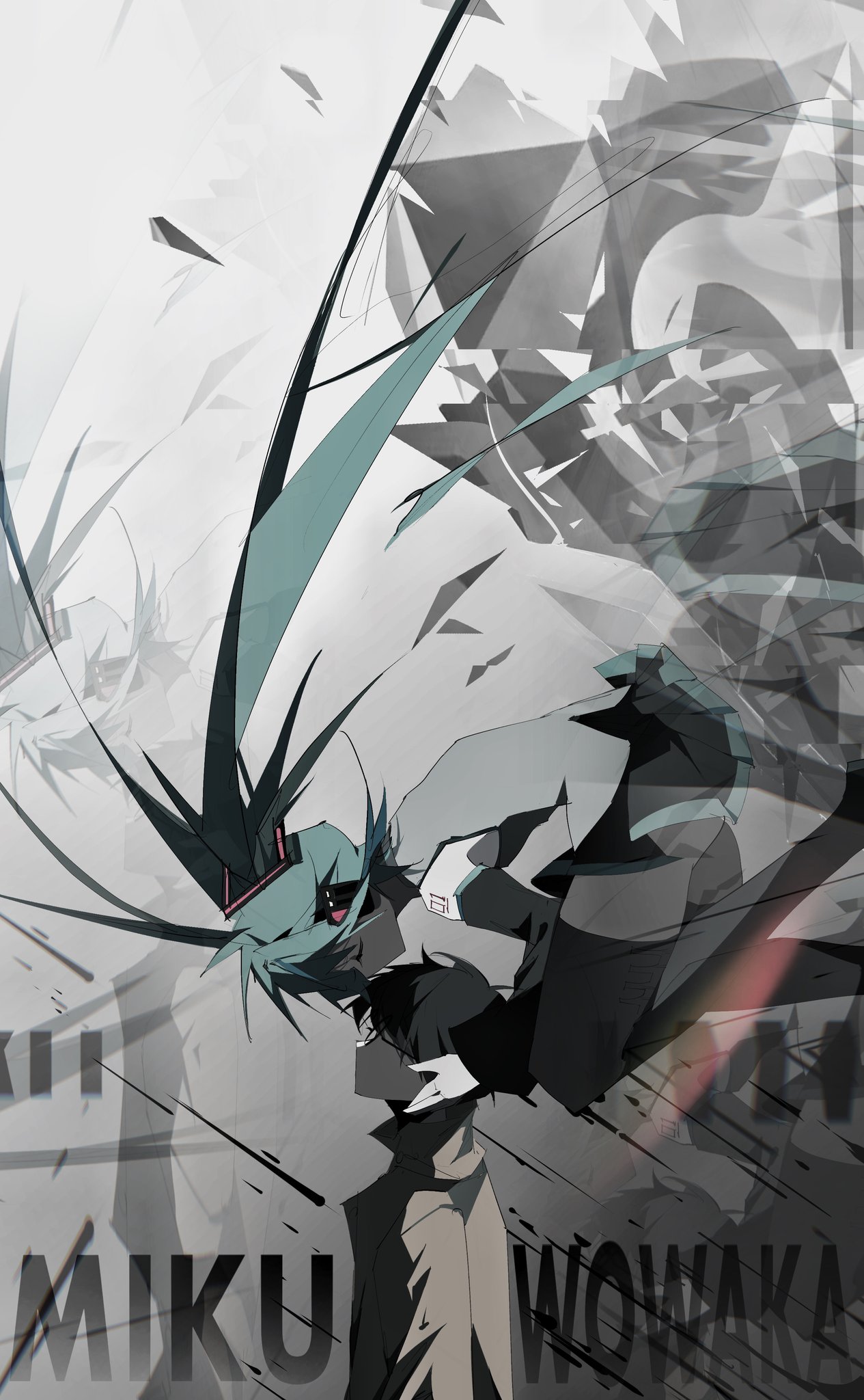 hatsune miku, wowaka, vocaloid, highres, 1boy, 1girl, aqua hair, black skirt, centurytruren, detached sleeves, floating hair, grey shirt, long hair, looking at viewer, necktie, shirt, skirt, sleeveless, sleeveless shirt, solo, thighhighs, twintails, very long hair