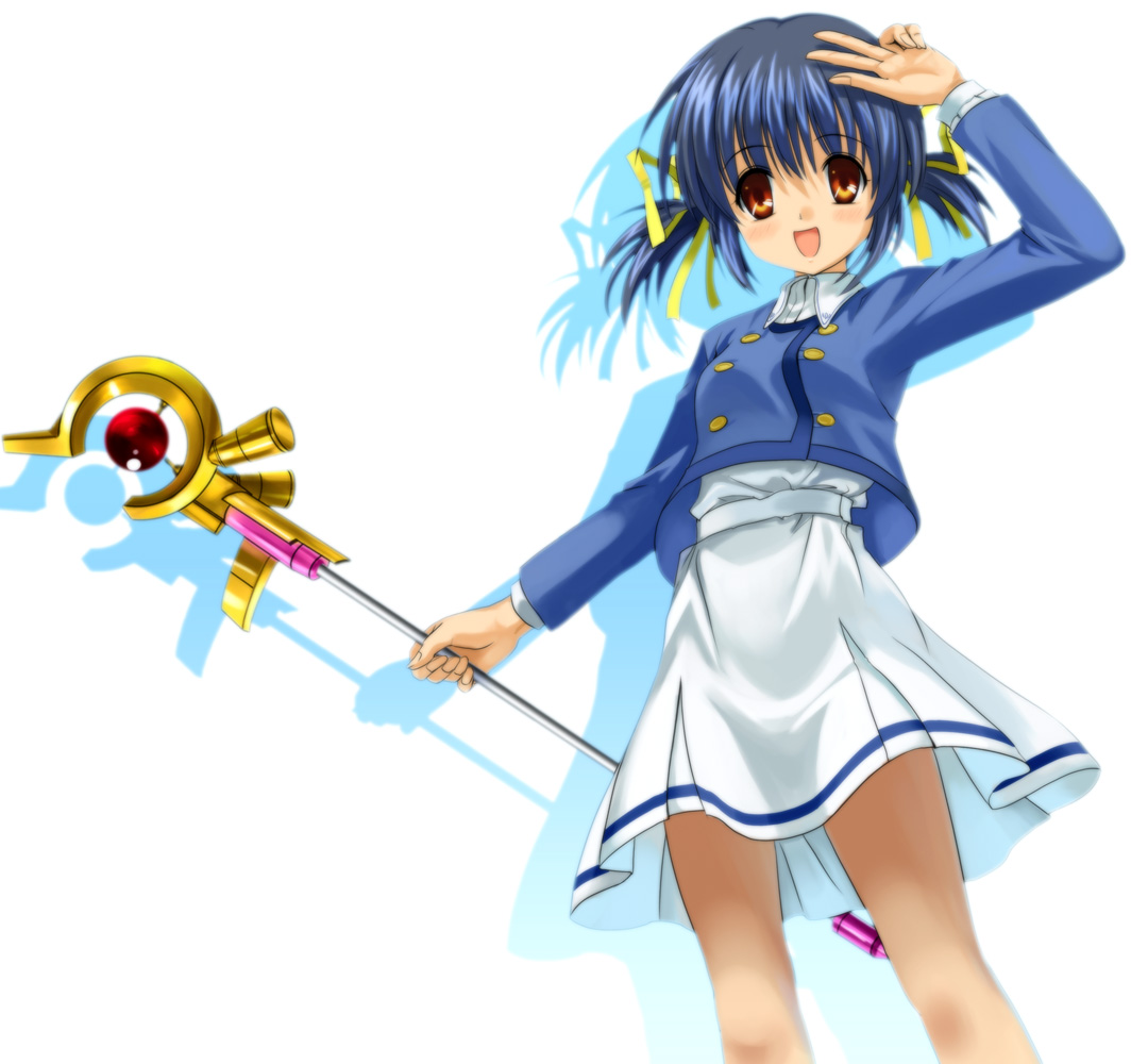 mutsuki (moonknives), raising heart, raising heart (accel mode), sunohara mei, tamura yukari, clannad, key (company), lyrical nanoha, mahou shoujo lyrical nanoha, seven arcs, uniform, 00s, 1girl, :d, borrowed weapon, buttons, crossover, female focus, long sleeves, looking at viewer, open mouth, orb, rod, simple background, skirt, smile, solo, staff, standing, voice actor connection, white background, white skirt