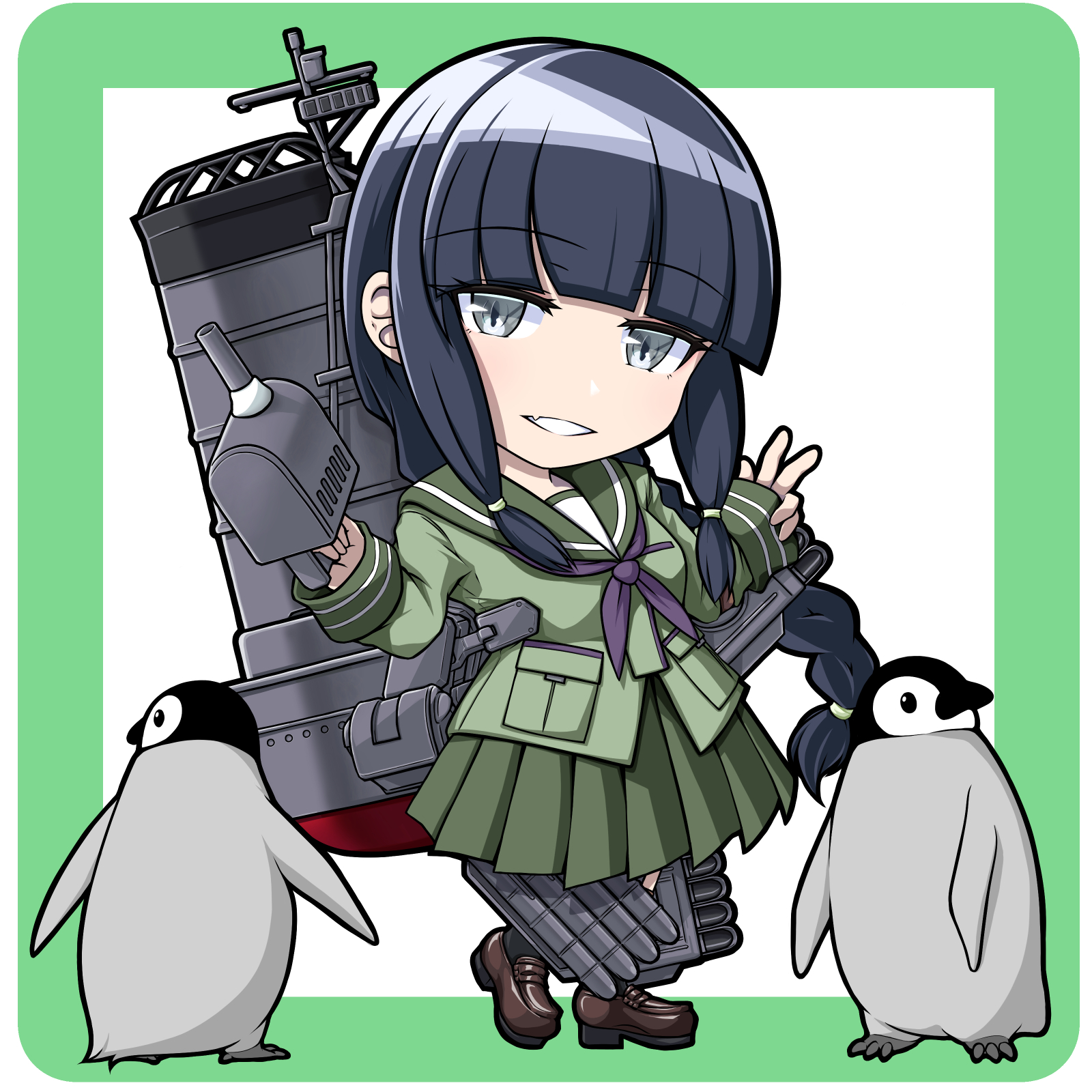 junk life, kitakami (kancolle), kantai collection, highres, 1girl, adapted turret, bird, black hair, blunt bangs, braid, green serafuku, green skirt, grey eyes, hair ribbon, long hair, long sleeves, miniskirt, penguin, pleated skirt, ribbon, rigging, school uniform, serafuku, sidelocks, single braid, skirt, smile, smokestack, solo, torpedo, torpedo launcher, tress ribbon, very long hair