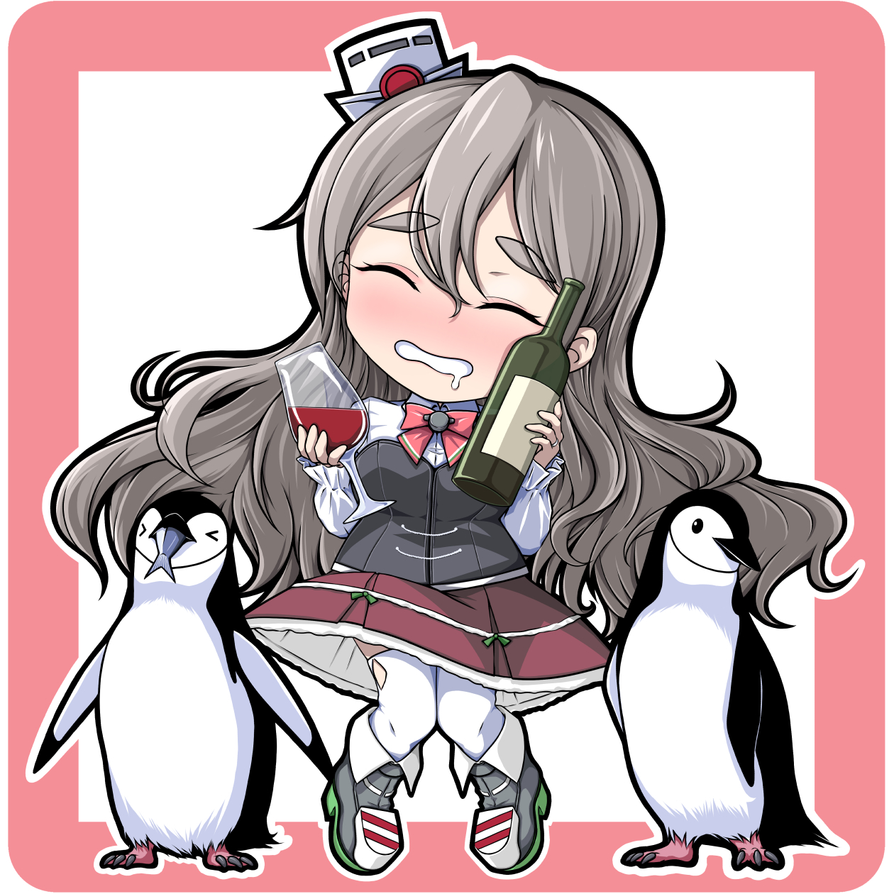 junk life, pola (kancolle), kantai collection, highres, 1girl, bird, blush, bodice, bottle, bow, bowtie, closed eyes, cup, drinking glass, frilled skirt, frills, grey hair, hair between eyes, hat, holding, holding bottle, holding cup, long hair, long sleeves, mini hat, miniskirt, penguin, red bow, red bowtie, red skirt, skirt, solo, thick eyebrows, thighhighs, tilted headwear, very long hair, wavy hair, white thighhighs, wine bottle, wine glass