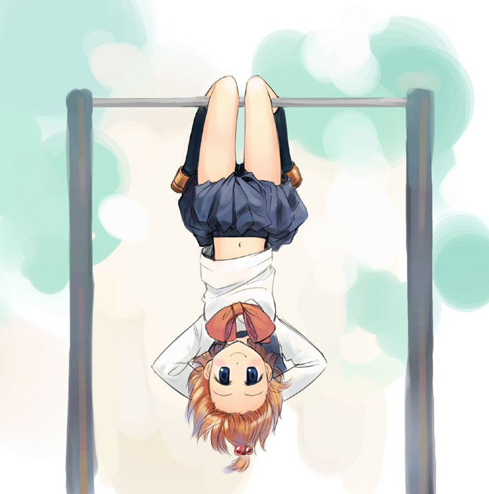 ikeda jun (mizutamari), original, hanging, horizontal bar, school uniform, serafuku, solo, upside-down