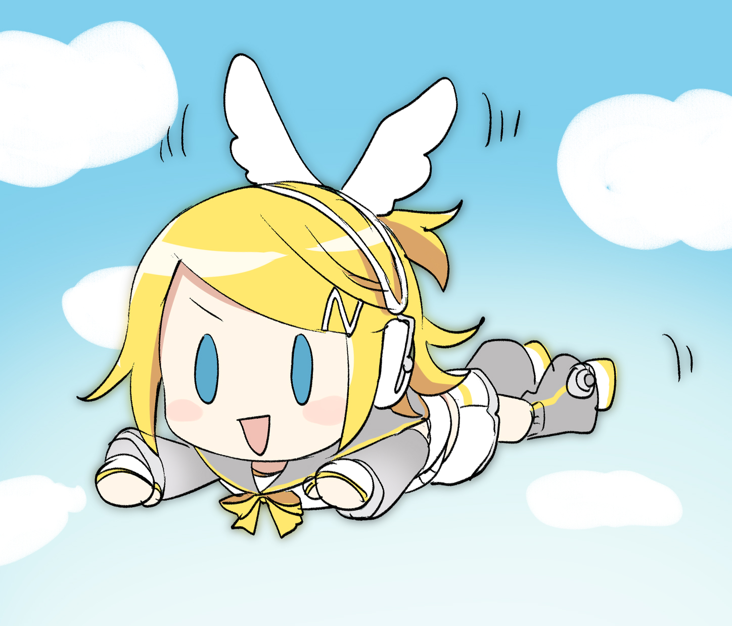 sudachi (calendar), kagamine rin, piapro studio, vocaloid, highres, 1girl, arm warmers, black sailor collar, black sleeves, blonde hair, blue eyes, blue sky, blush stickers, bow, bowtie, chibi, cloud, day, detached sleeves, flying, grey sailor collar, grey shorts, grey sleeves, hair bow, hair ornament, hairclip, headphones, kagamine rin (nt), leg warmers, lying, on stomach, open mouth, ponytail, sailor collar, shirt, short hair, short ponytail, shorts, sky, sleeveless, sleeveless shirt, smile, solo, swept bangs, triangle mouth, v-shaped eyebrows, white bow, white shirt, wings
