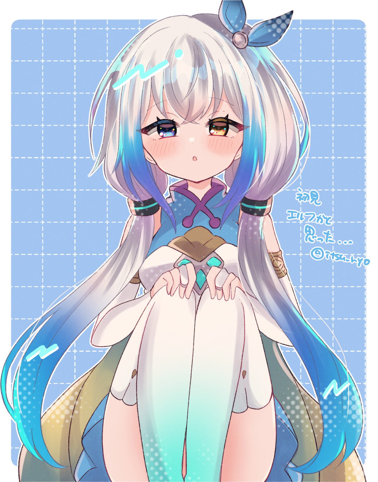 shadowverse, shadowverse: worlds beyond, highres, 1girl, bell, blush, hair ornament, heterochromia, itsu ryo, jingle bell, long hair, looking at viewer, multicolored hair, sitting, thighhighs, velharia (shadowverse: worlds beyond), white thighhighs
