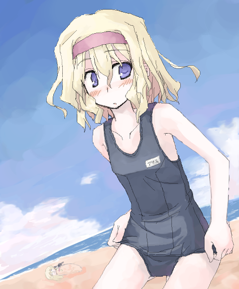 mochiki, alice margatroid, kirisame marisa, touhou, 2girls, adjusting clothes, adjusting swimsuit, beach, blonde hair, blue eyes, blush, buried, day, dutch angle, female focus, flat chest, hairband, multiple girls, name tag, oekaki, one-piece swimsuit, school swimsuit, short hair, swimsuit