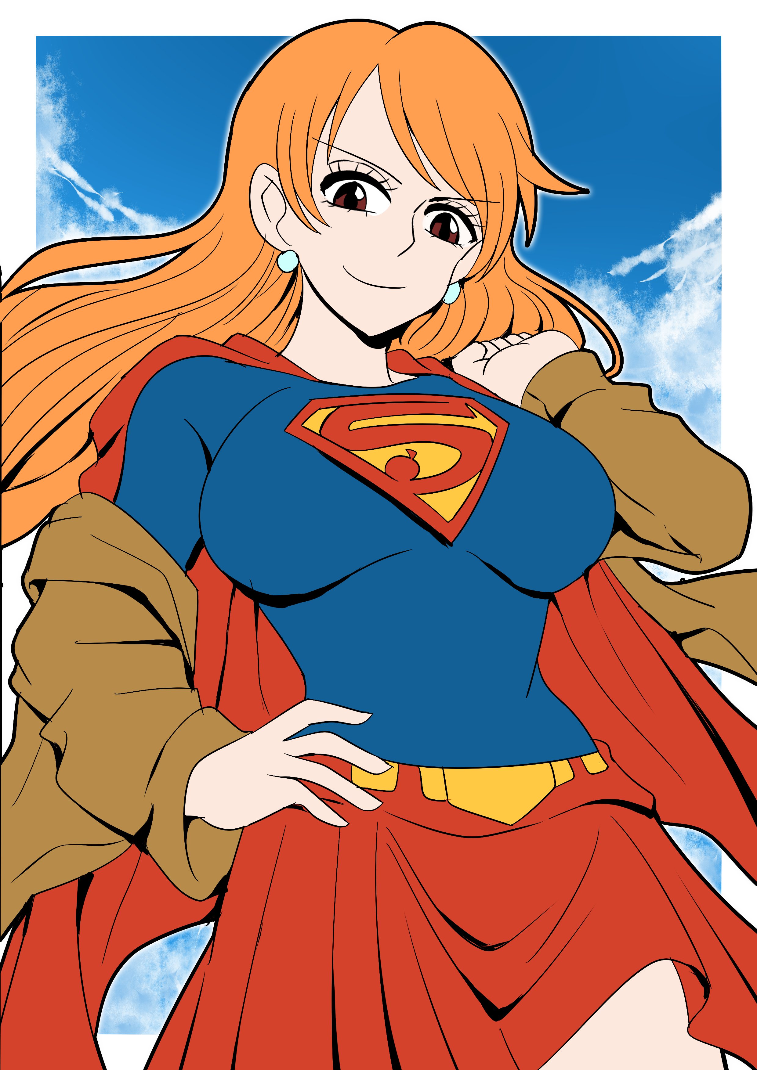 degamishiro, nami (one piece), supergirl, dc comics, one piece, superman (2025), superman (series), breasts, brown eyes, cape, cloud, cloudy sky, cosplay, day, hand on own hip, jacket, large breasts, long hair, orange hair, red cape, red skirt, skirt, sky, smile, supergirl (cosplay), superhero costume