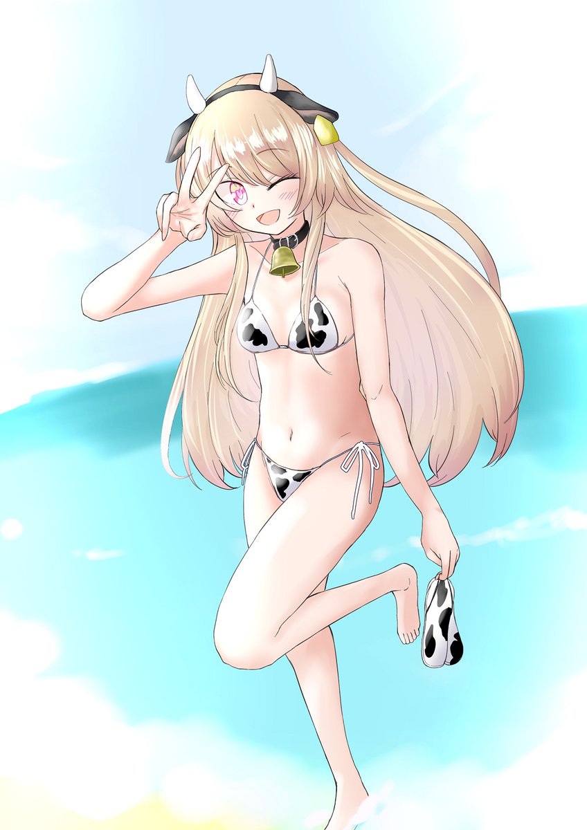 39fuseya, chaos marie (grimms notes), grimms notes, 1girl, blonde hair, breasts, cow print, cow print bikini, long hair, print bikini, solo, v