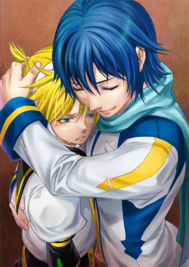 shidatsu takayuki, kagamine len, kaito (vocaloid), vocaloid, 2boys, blonde hair, blue hair, brown background, closed eyes, crying, crying with eyes open, from above, headset, hug, male focus, multiple boys, ponytail, scarf, tears