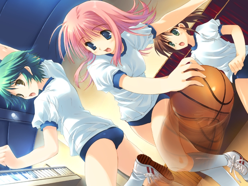 mitsumi misato, milfa (to heart), to heart (series), to heart 2, to heart 2 ad, game cg, 00s, 3girls, ball, basketball, basketball (object), blue eyes, buruma, gym uniform, kneehighs, multiple girls, open mouth, pink hair, socks