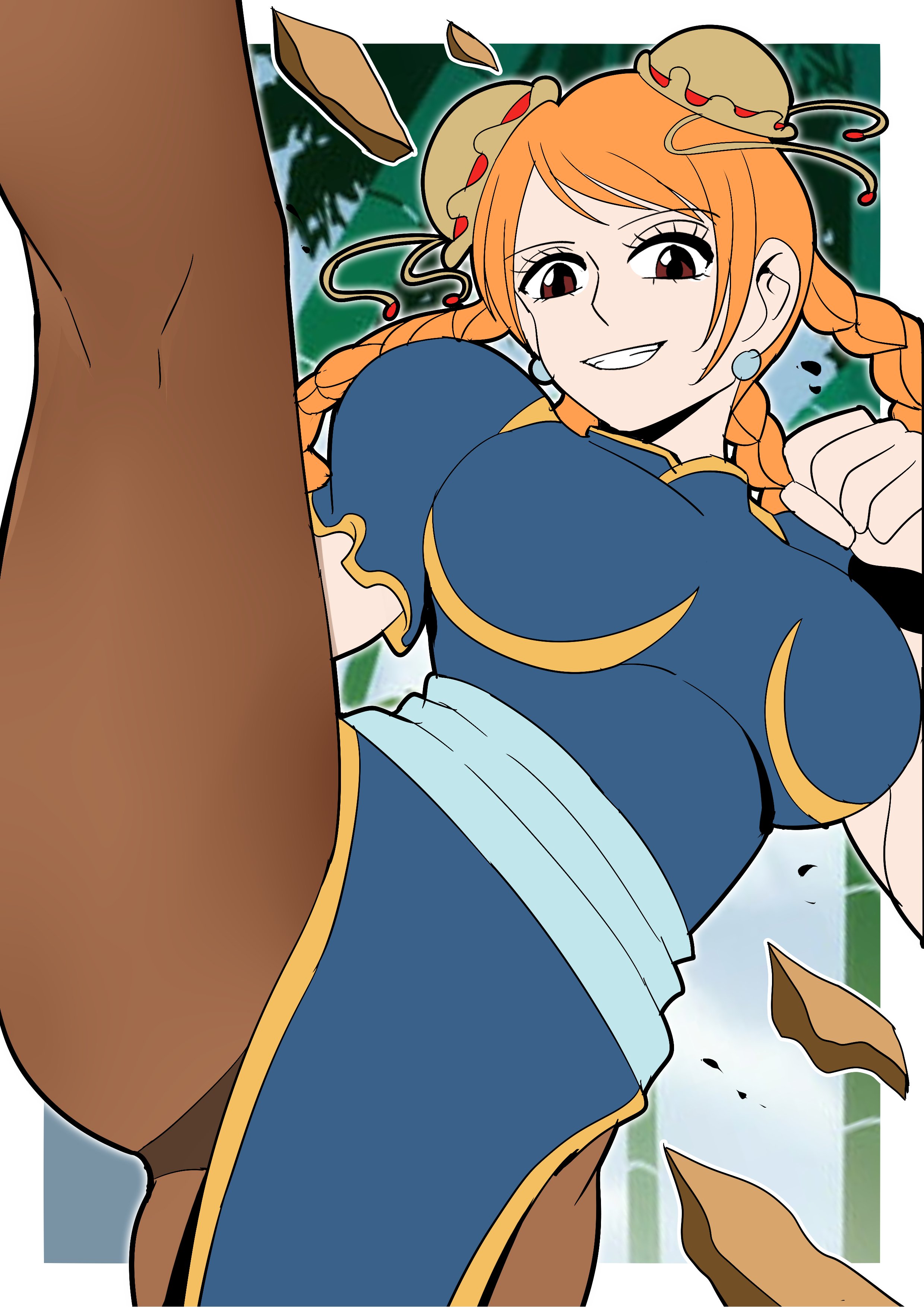 degamishiro, chun-li, nami (one piece), capcom, one piece, street fighter, 1girl, alternate hairstyle, blue dress, braid, breasts, brown eyes, china dress, chinese clothes, chun-li (cosplay), cosplay, dress, grin, kicking, large breasts, leg up, long hair, looking at viewer, orange hair, pantyhose, puffy short sleeves, puffy sleeves, short sleeves, smile