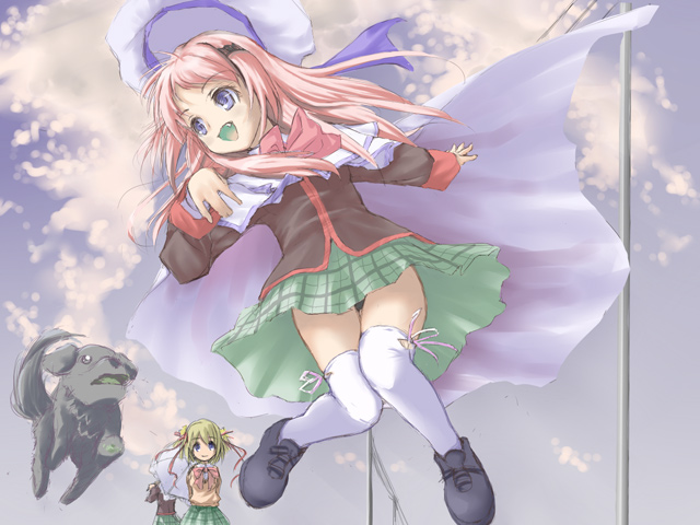 satou takeshi, kamikita komari, nishizono mio, noumi kudryavka, little busters!, white legwear, 3girls, blue eyes, bow, cape, dog, fang, hat, long hair, multiple girls, open mouth, panties, parasol, pink bow, school uniform, serafuku, sky, thighhighs, umbrella, underwear, zettai ryouiki